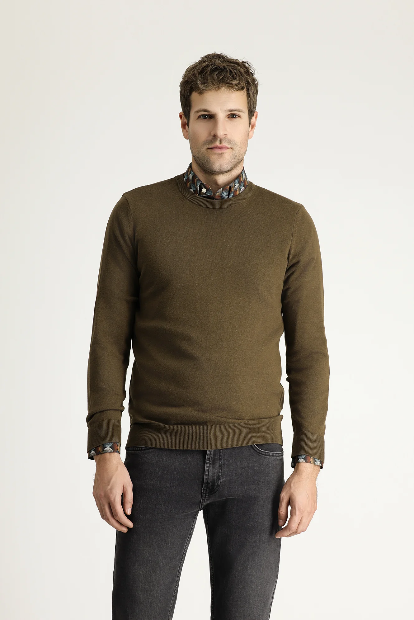 Koyu Vizon Bisiklet Yaka Slim Fit Dar Kesim Pamuklu Triko Kazak - Image 3