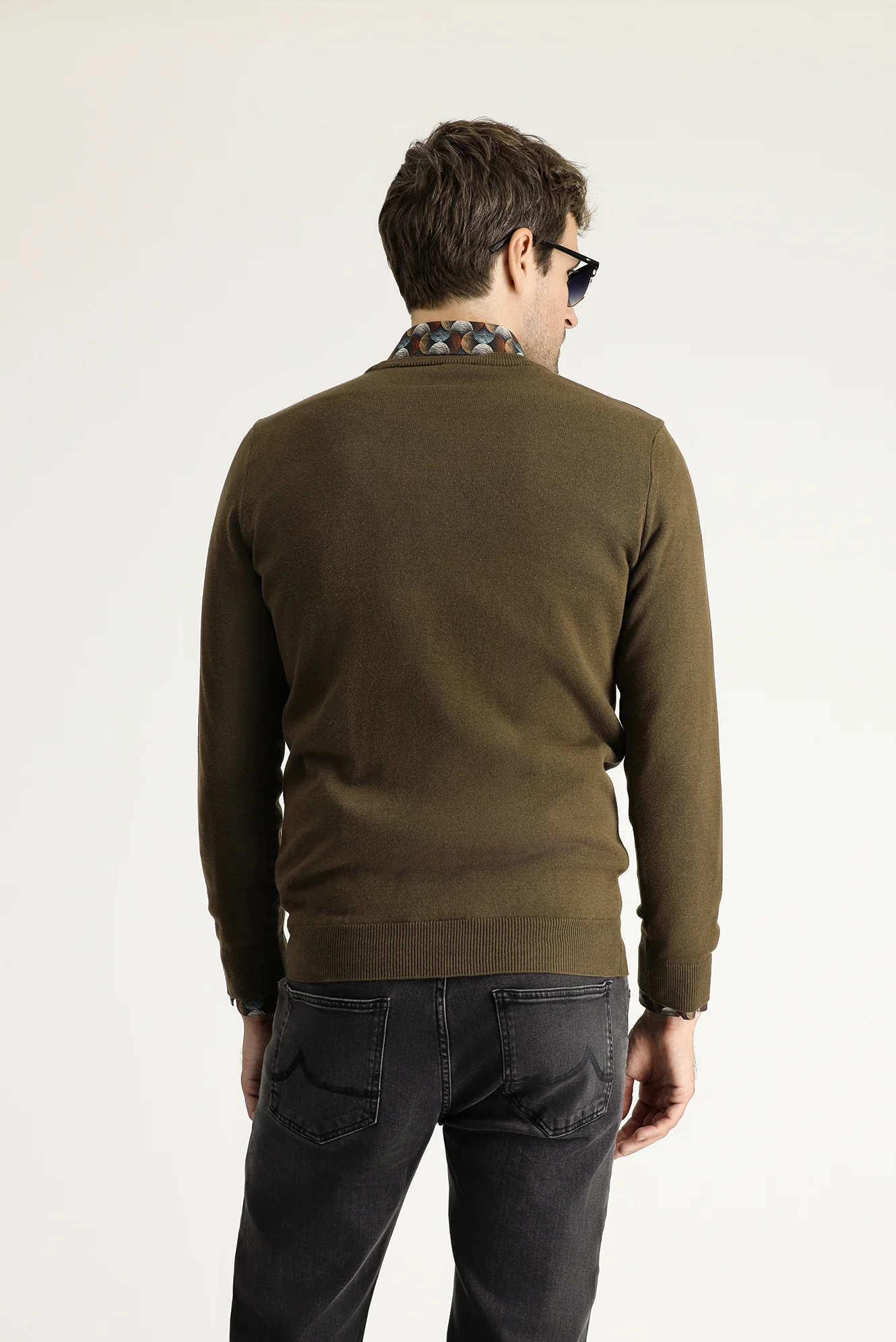 Koyu Vizon Bisiklet Yaka Slim Fit Dar Kesim Pamuklu Triko Kazak - Image 4