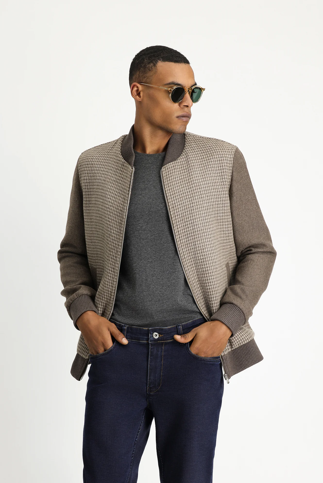 Koyu Vizon Slim Fit Dar Kesim Kazayağı Spor Yünlü Bomber Ceket Mont