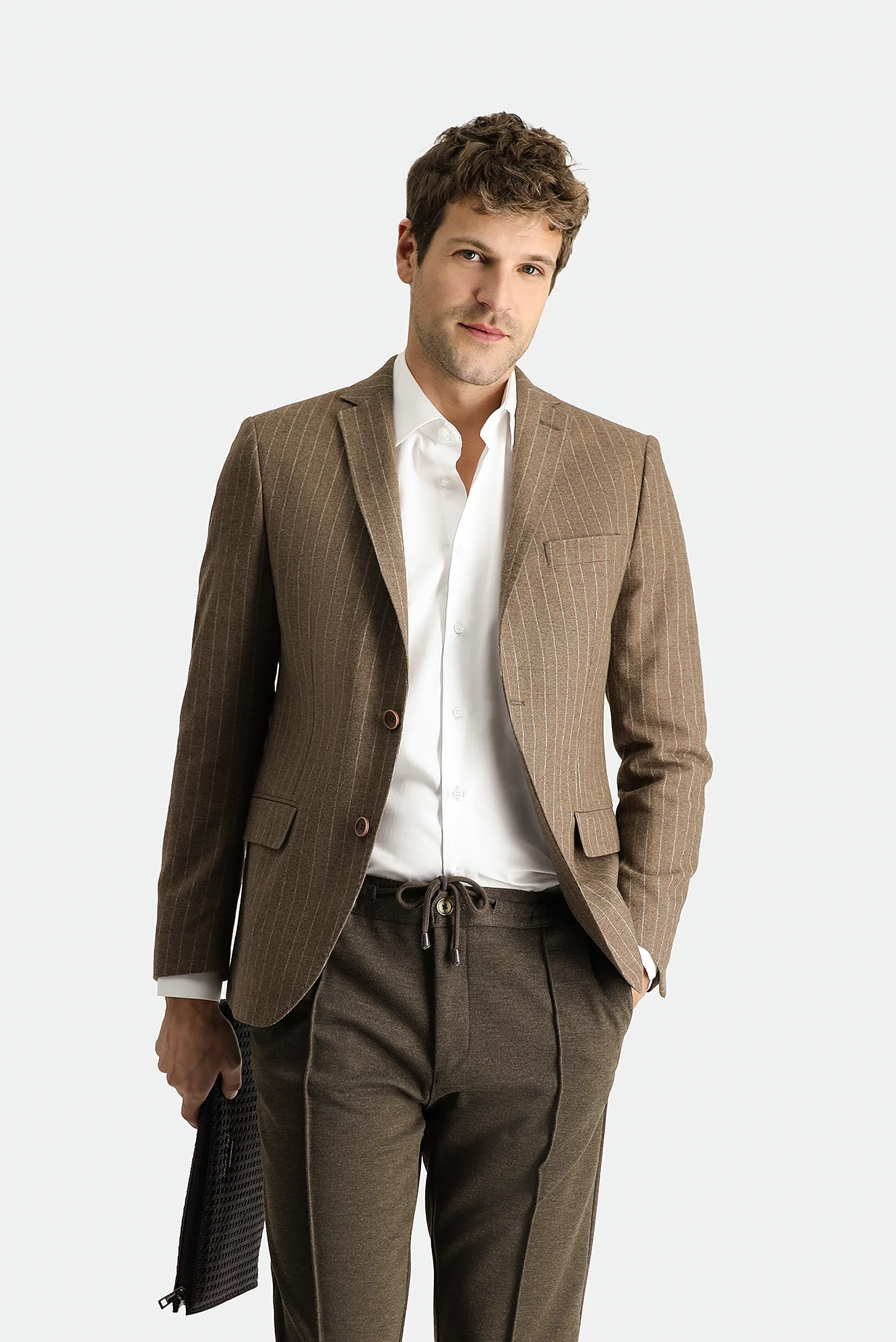Koyu Vizon 7 Drop Super Slim Fit Eksra Dar Kesim Yünlü Klasik Çizgili Ceket