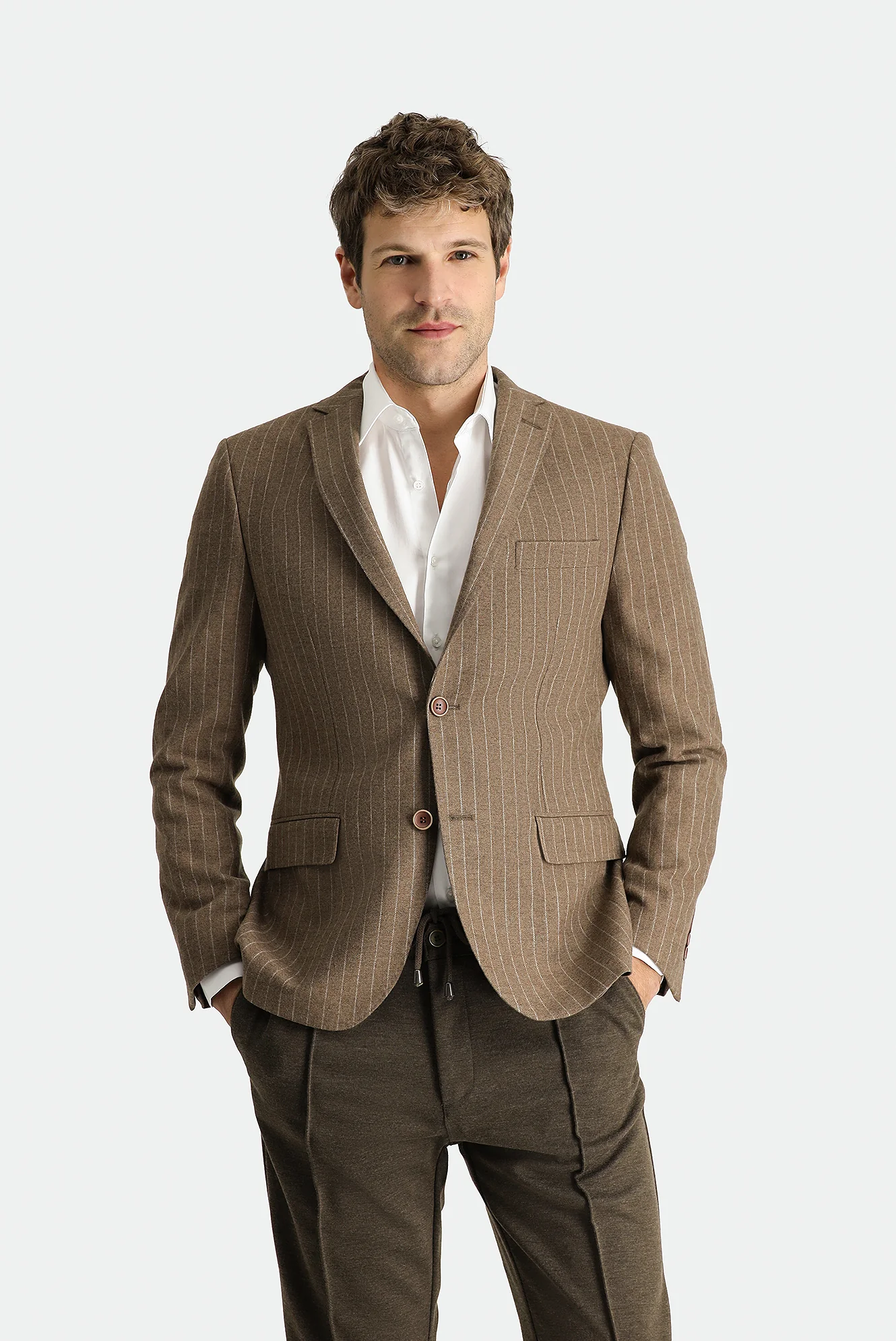 Koyu Vizon 7 Drop Super Slim Fit Eksra Dar Kesim Yünlü Klasik Çizgili Ceket - Image 3
