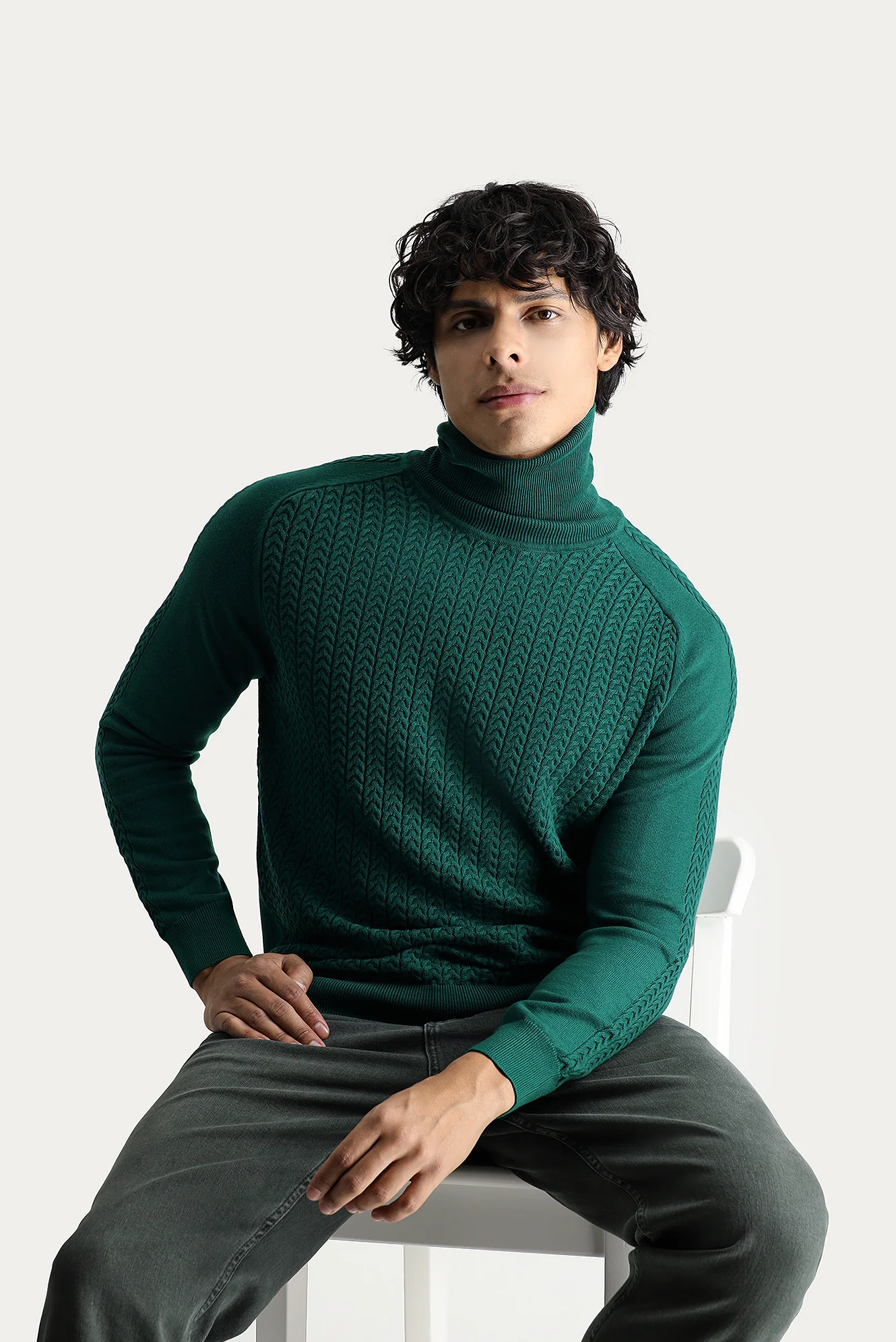 Koyu Yeşil Balıkçı Yaka Slim Fit Dar Kesim Desenli Triko Kazak