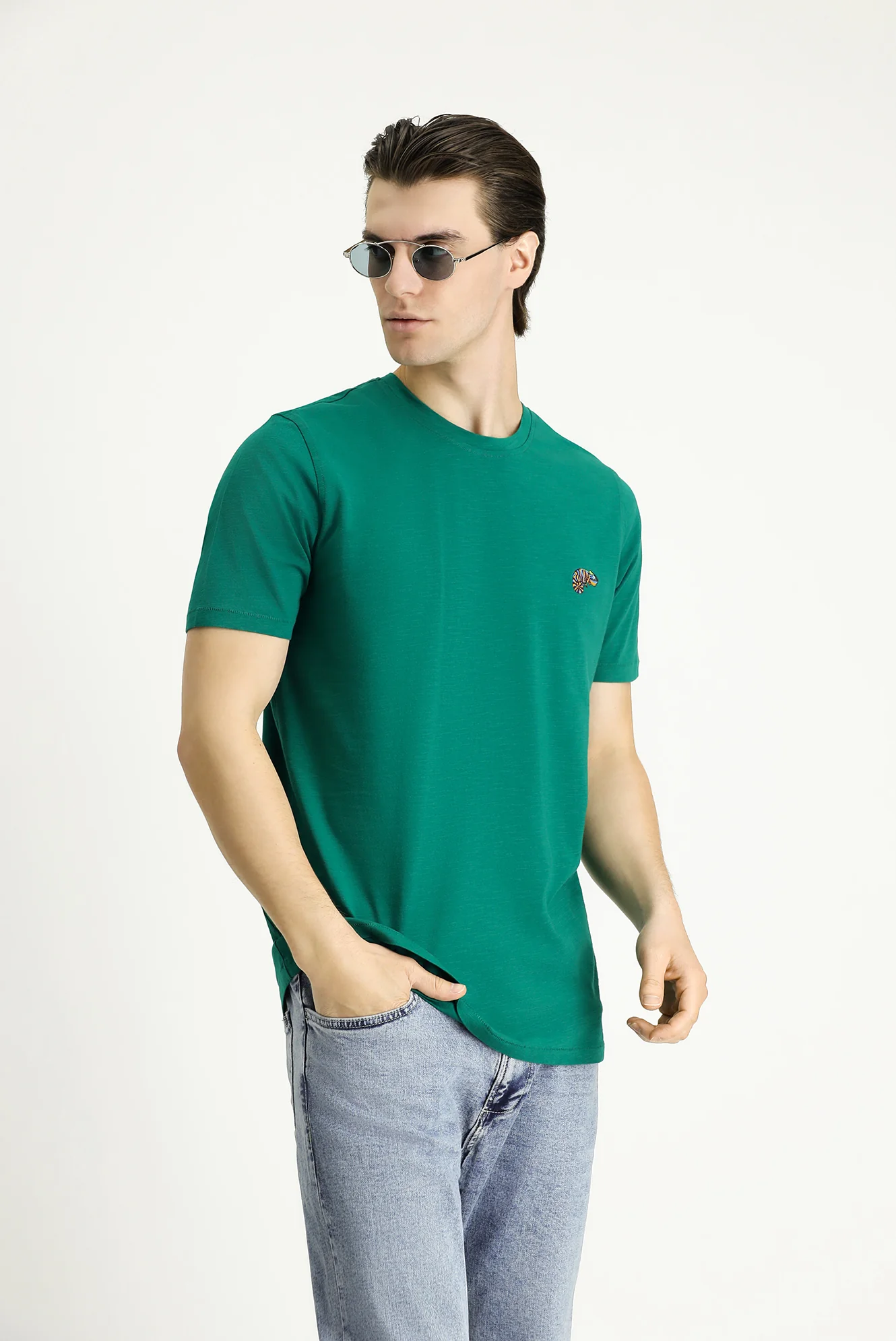 Koyu Yeşil Bisiklet Yaka Slim Fit Dar Kesim Baskılı Süprem Pamuk Tişört