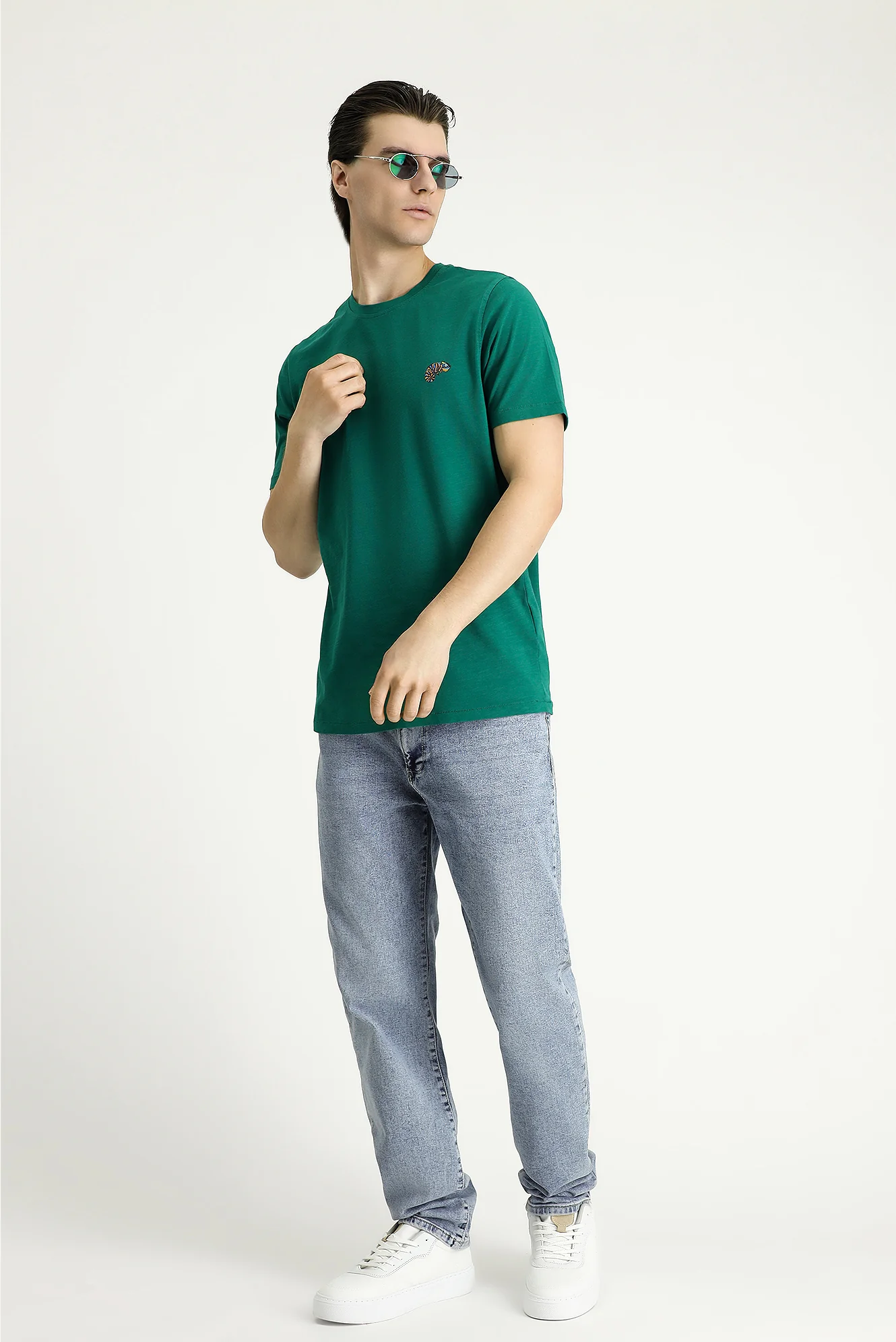 Koyu Yeşil Bisiklet Yaka Slim Fit Dar Kesim Baskılı Süprem Pamuk Tişört - Image 2