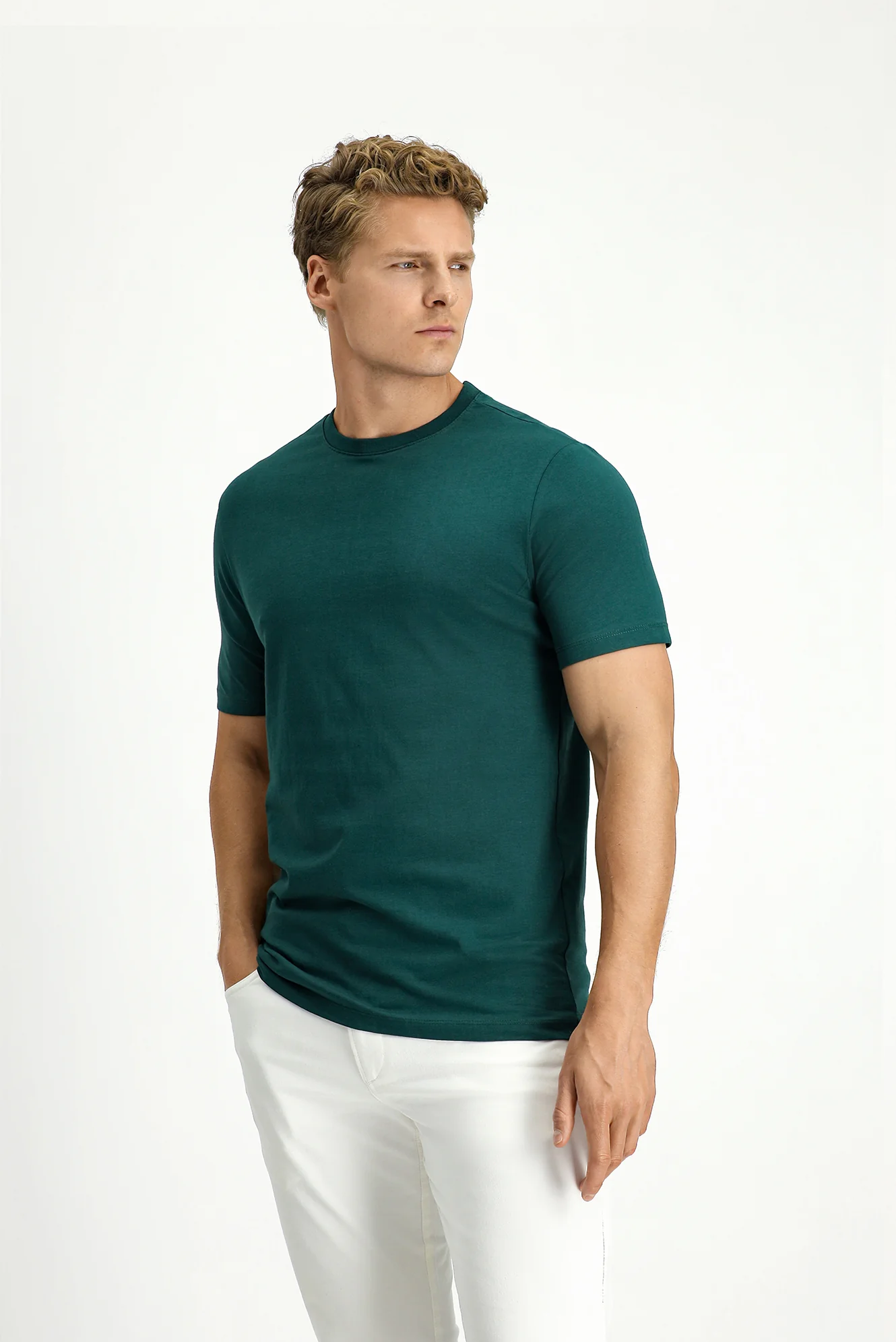 Koyu Yeşil Bisiklet Yaka Slim Fit %100 Pamuk Tişört - Image 3