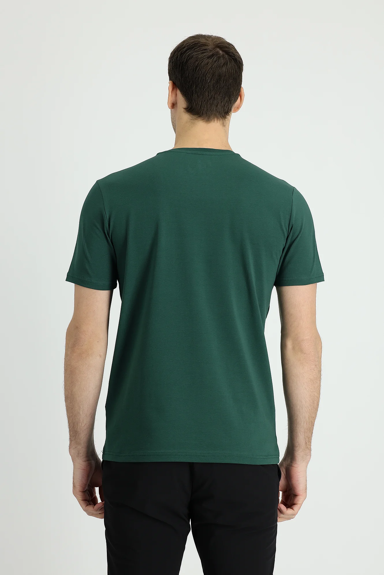 Koyu Yeşil Bisiklet Yaka Slim Fit Dar Kesim Süprem Pamuklu Tişört - Image 3