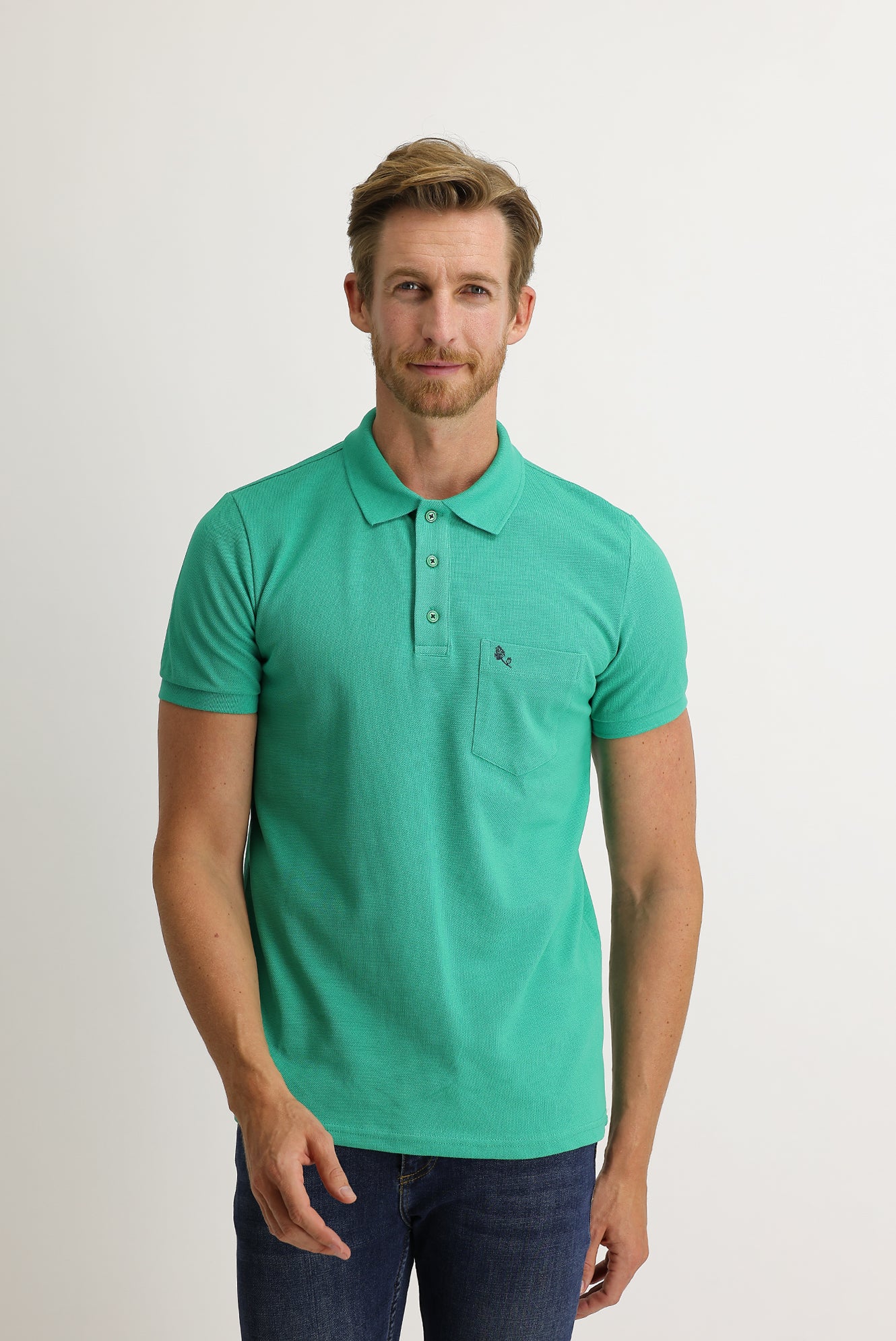 Koyu Yeşil Cepli Polo Yaka Regular Fit Nakışlı Pamuk Tişört - Image 2
