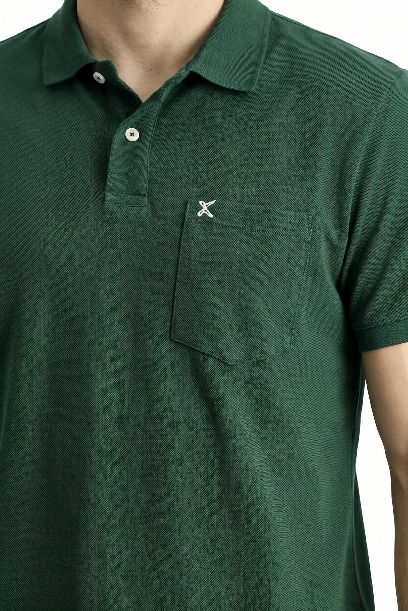 Koyu Yeşil Polo Yaka Regular Fit Cepli Nakışlı %100 Pamuk Tişört - Image 3