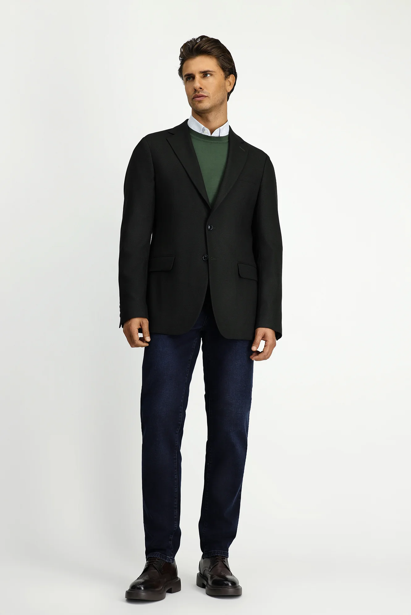 Koyu Yeşil 4 Drop Relaxed Fit Rahat Kesim Likralı Klasik Desenli Ceket - Image 2