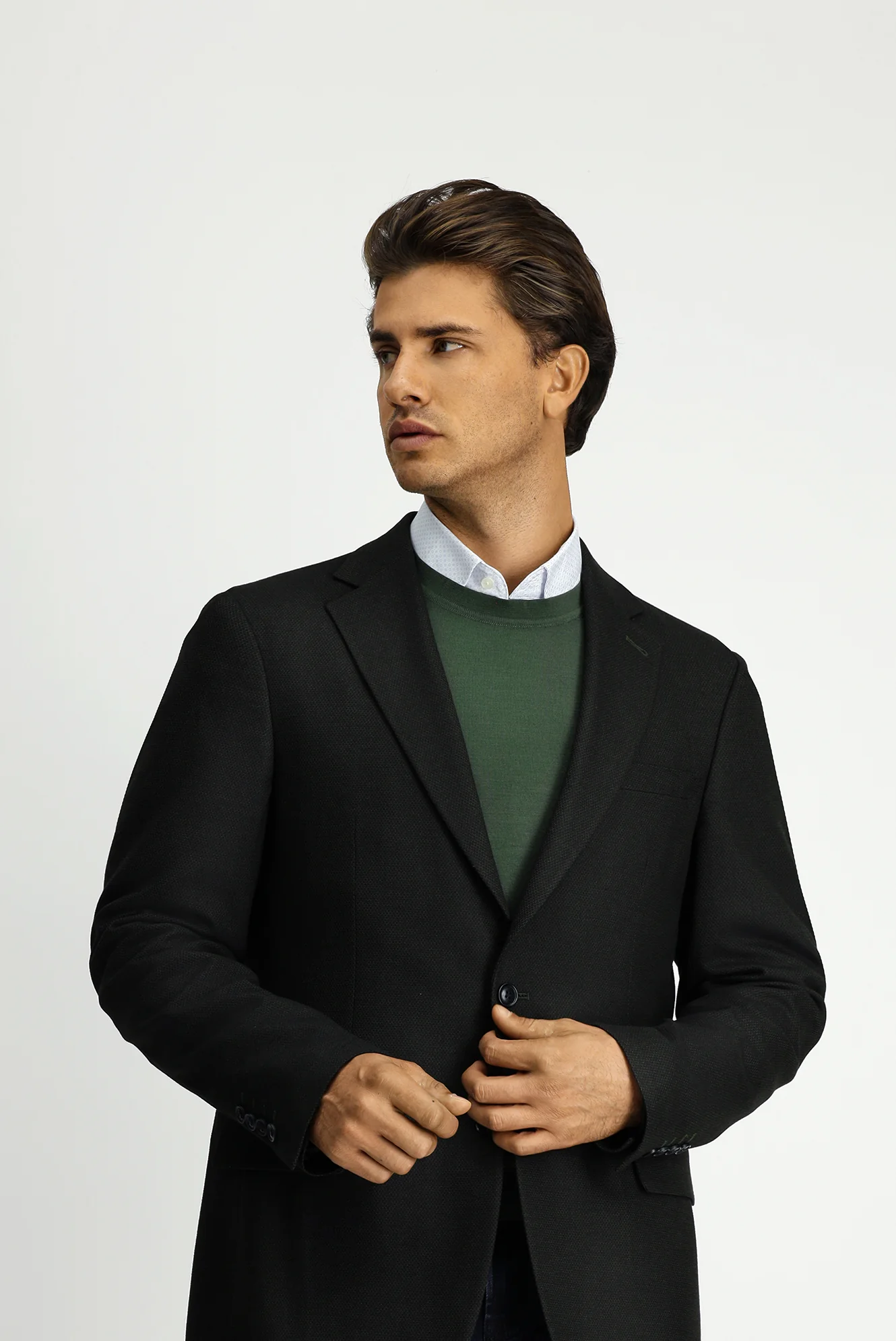 Koyu Yeşil 4 Drop Relaxed Fit Rahat Kesim Likralı Klasik Desenli Ceket - Image 3