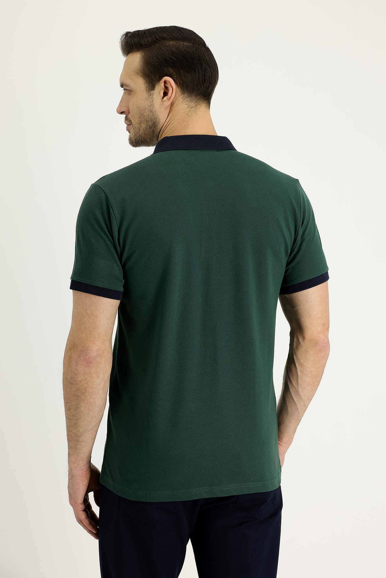 Koyu Yeşil Polo Yaka Slim Fit Dar Kesim Desenli Pamuk Tişört - Image 2