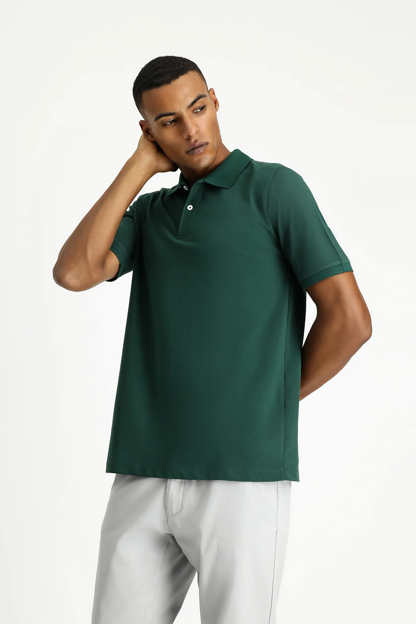 Koyu Yeşil Polo Yaka Regular Fit Nakışlı Pamuk Tişört - Image 4