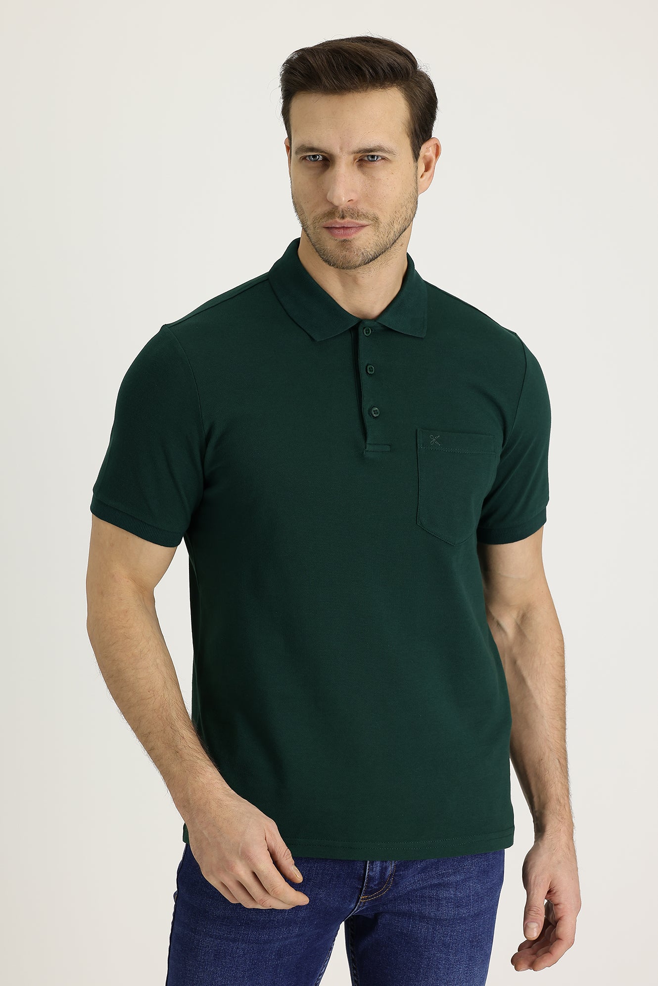 Koyu Yeşil Polo Yaka Regular Fit Nakışlı Pamuk Tişört - Image 2