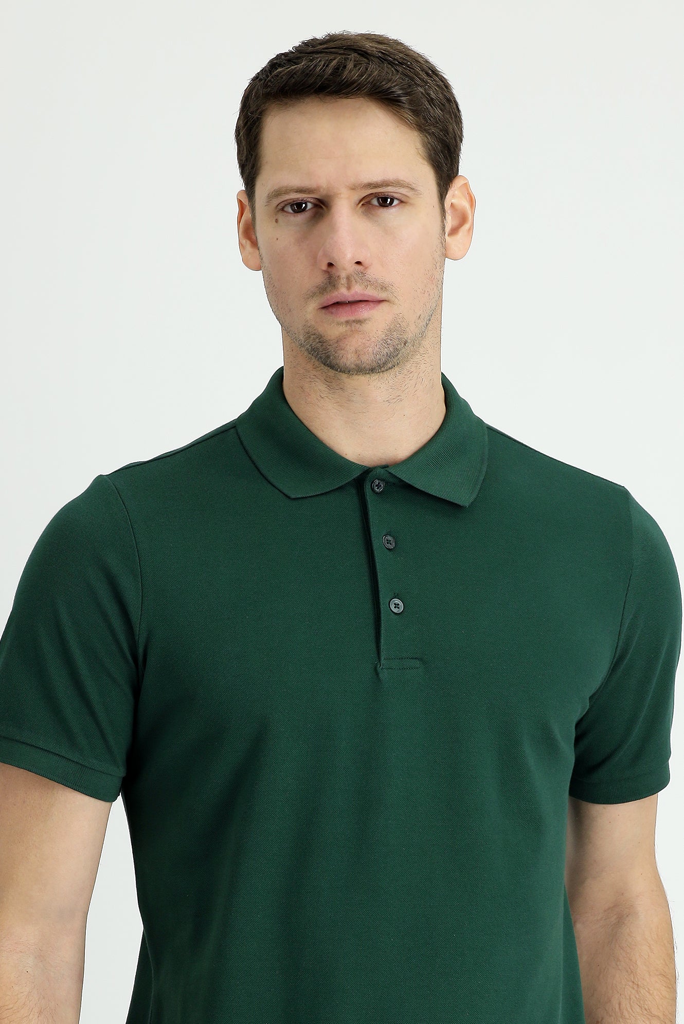 Koyu Yeşil Polo Yaka Regular Fit Nakışlı Pamuk Tişört