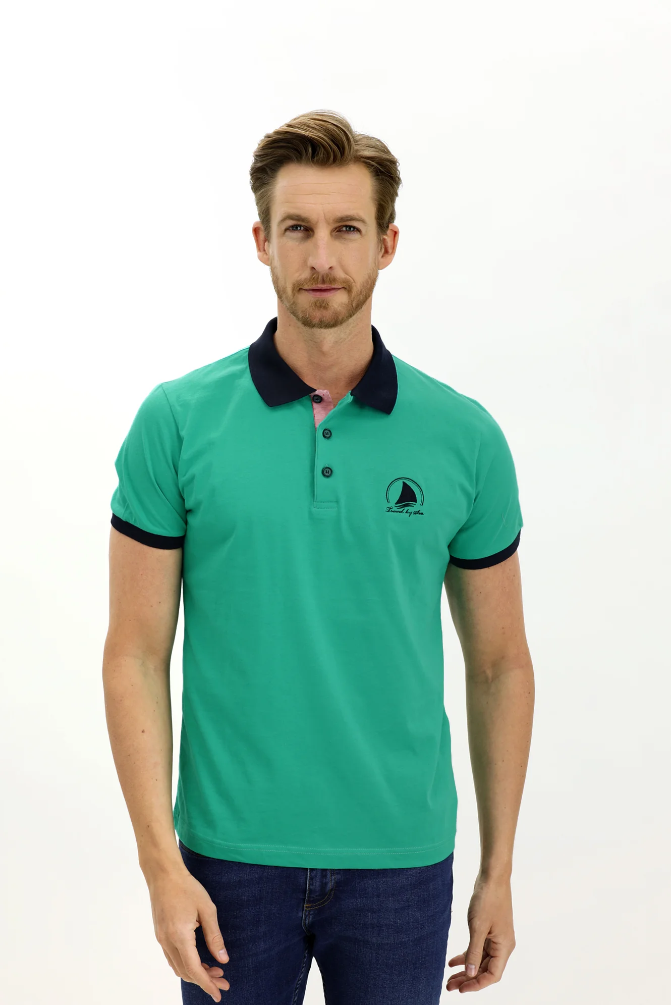 Koyu Yeşil Polo Yaka Slim Fit Dar Kesim Desenli Pamuk Tişört - Image 2