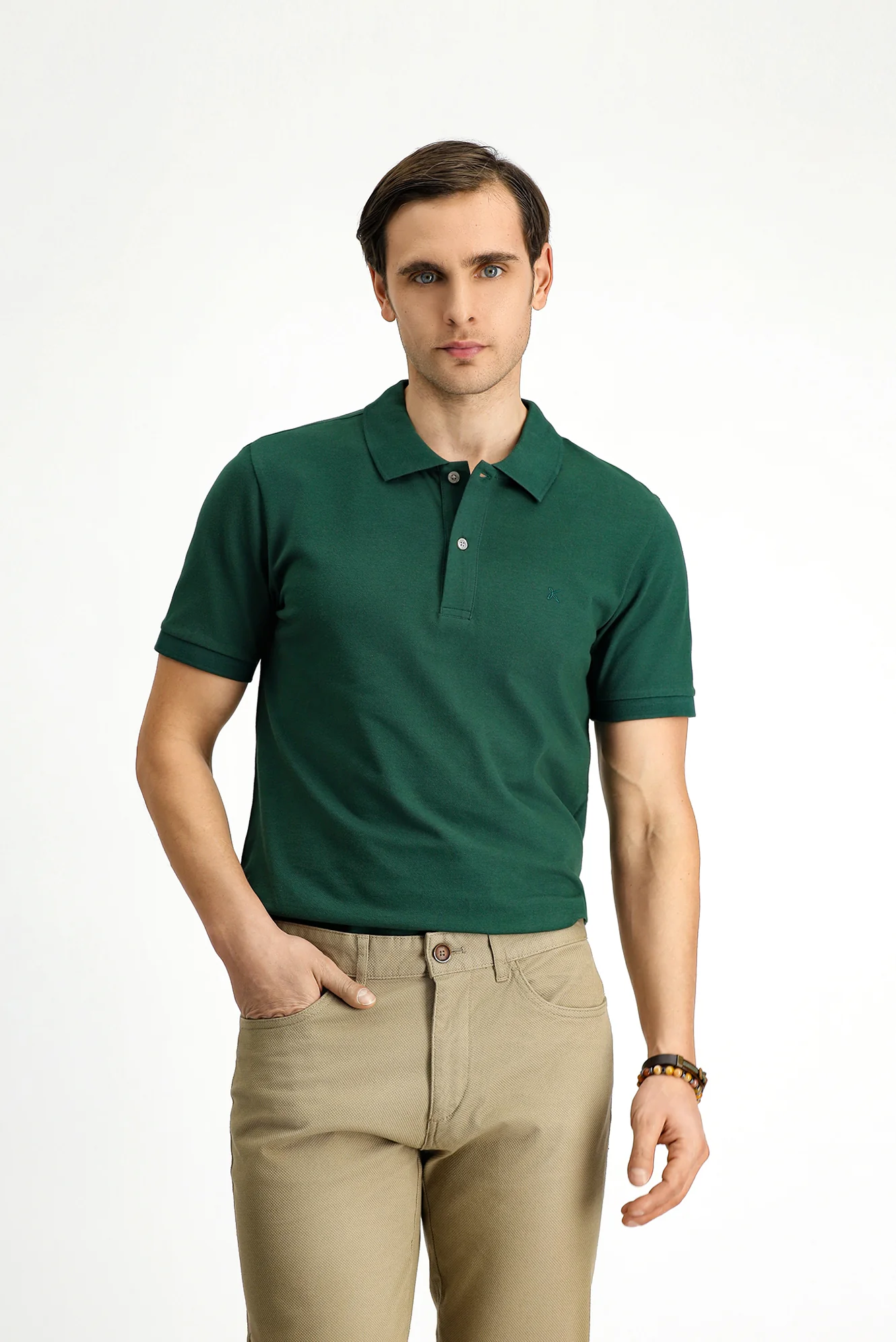 Koyu Yeşil Polo Yaka Slim Fit Dar Kesim Nakışlı Pamuk Tişört - Image 2