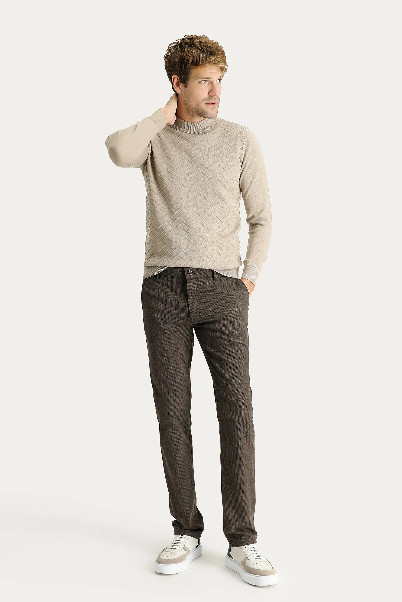 Koyu Yeşil Regular Fit Standart Kesim Desenli Likralı Kanvas / Chino Pantolon