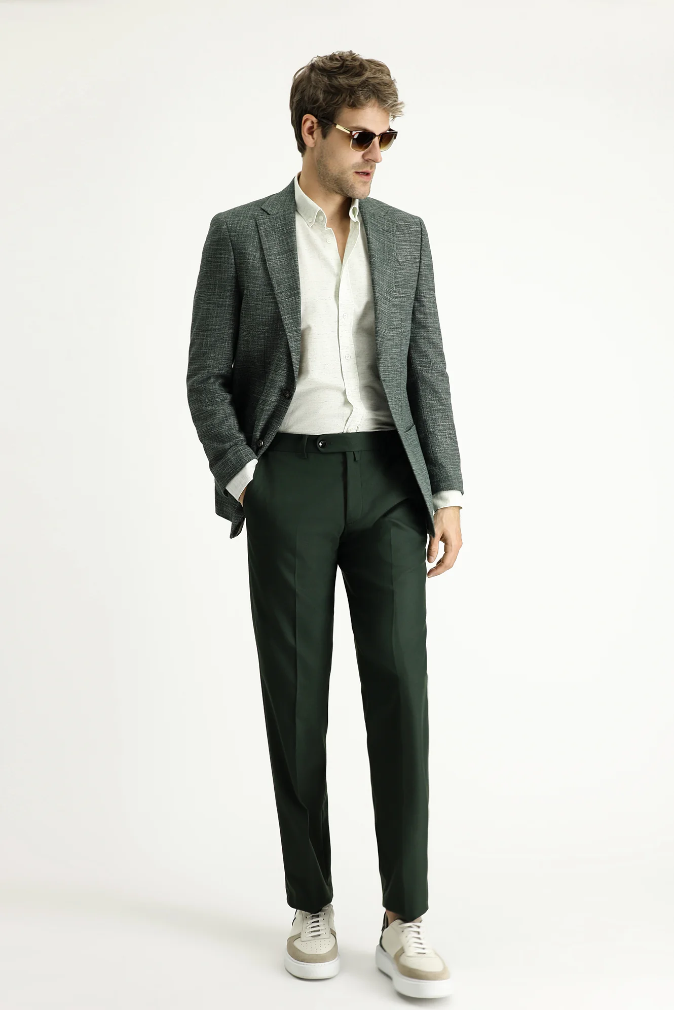 Koyu Yeşil 6 Drop Regular Fit Standart Kesim Keten Karışımlı Ceket - Image 2
