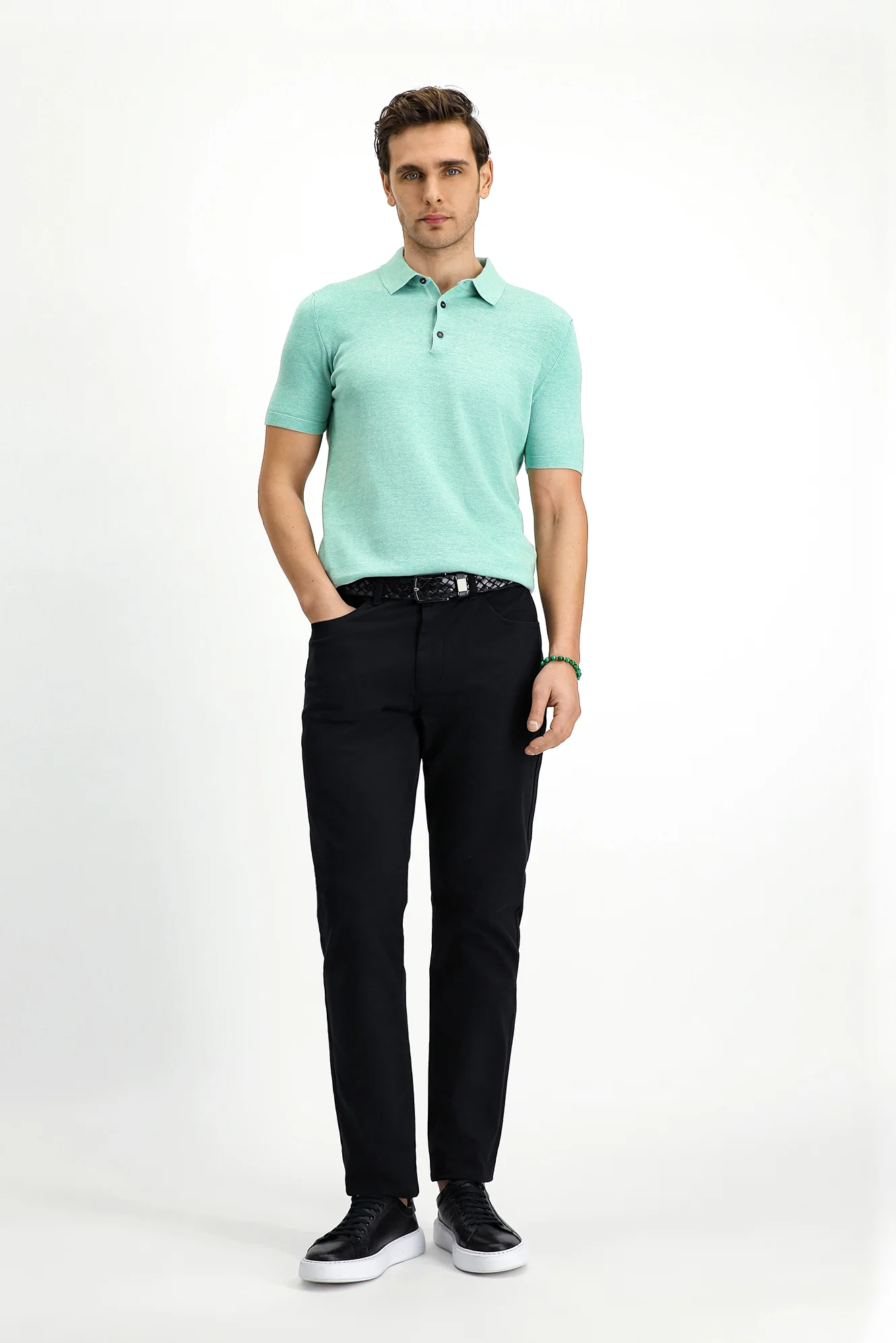Koyu Yeşil Regular Fit Pamuklu Polo Yaka Örme Tişört - Image 3