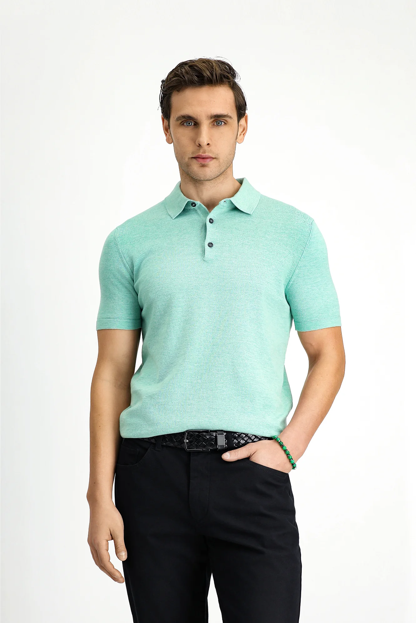 Koyu Yeşil Regular Fit Pamuklu Polo Yaka Örme Tişört - Image 4