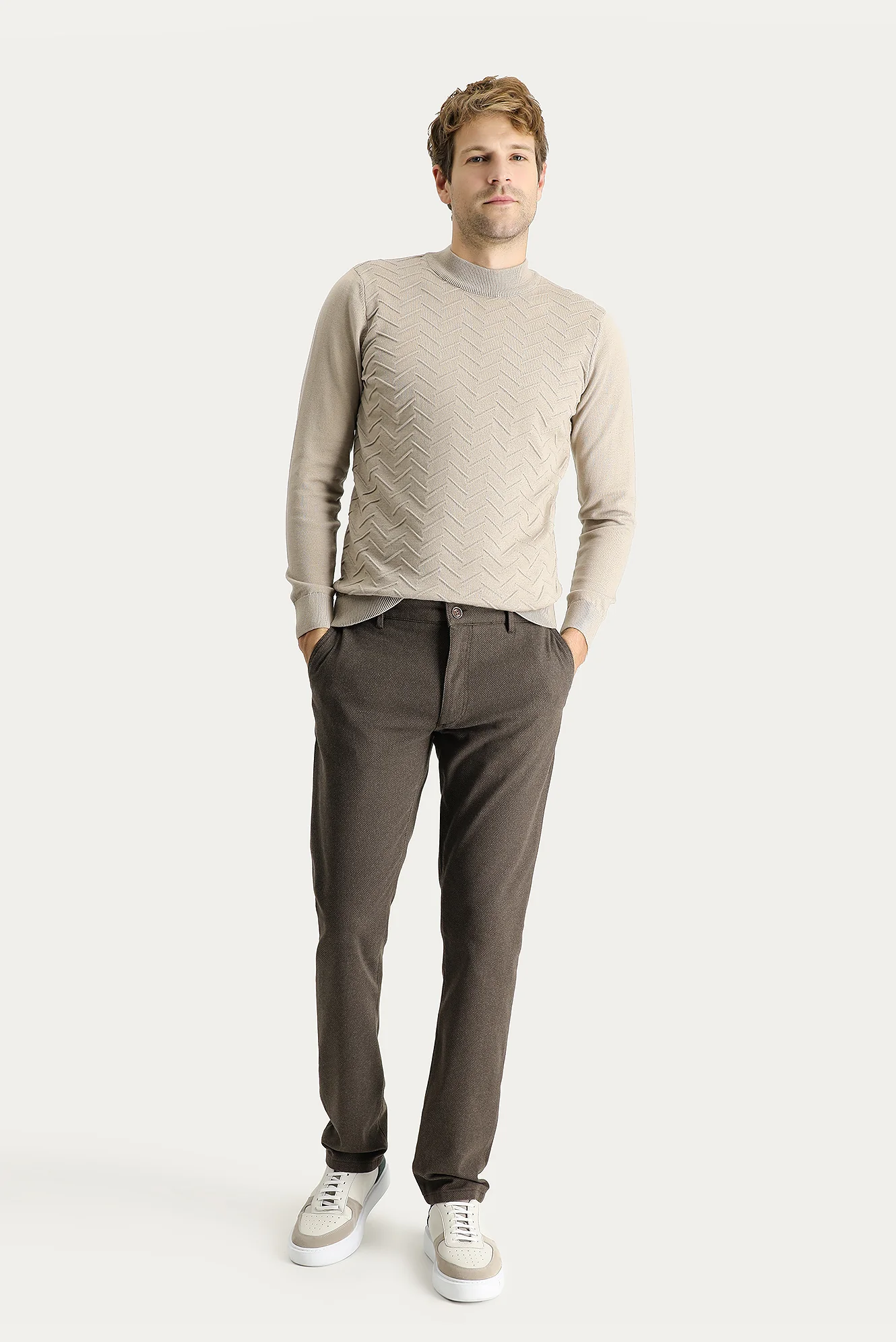 Koyu Yeşil Slim Fit Dar Kesim Desenli Likralı Kanvas / Chino Pantolon - Image 2