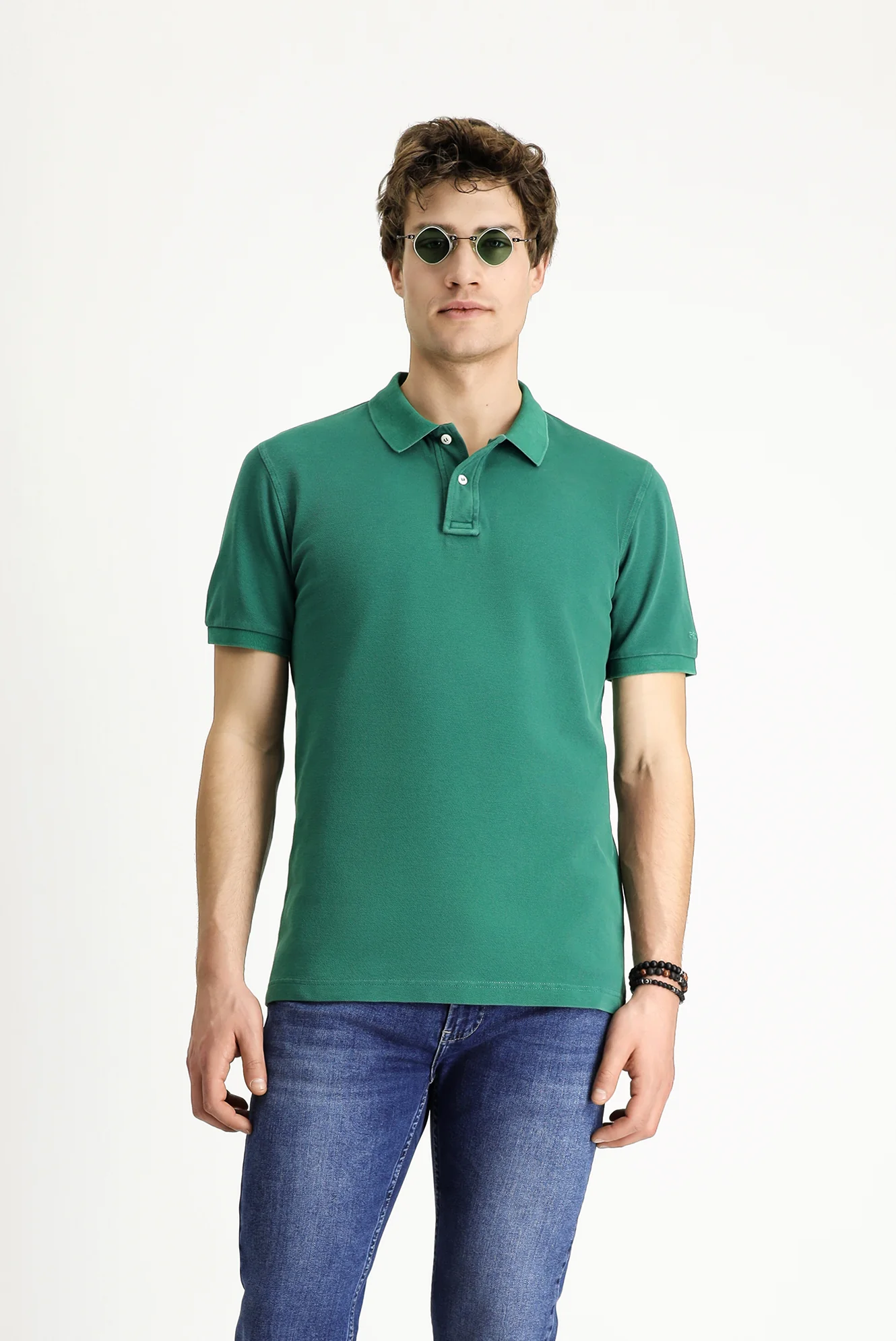 Koyu Yeşil Slim Fit Dar Kesim Nakışlı Pamuk Polo Yaka Tişört
