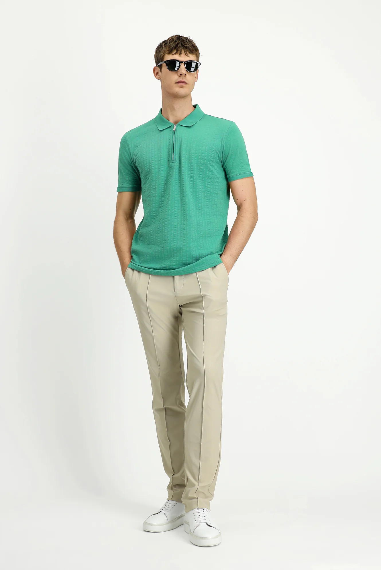 Koyu Yeşil Slim Fit Dar Kesim Pamuk Desenli Fermuarlı Polo Yaka Tişört - Image 2