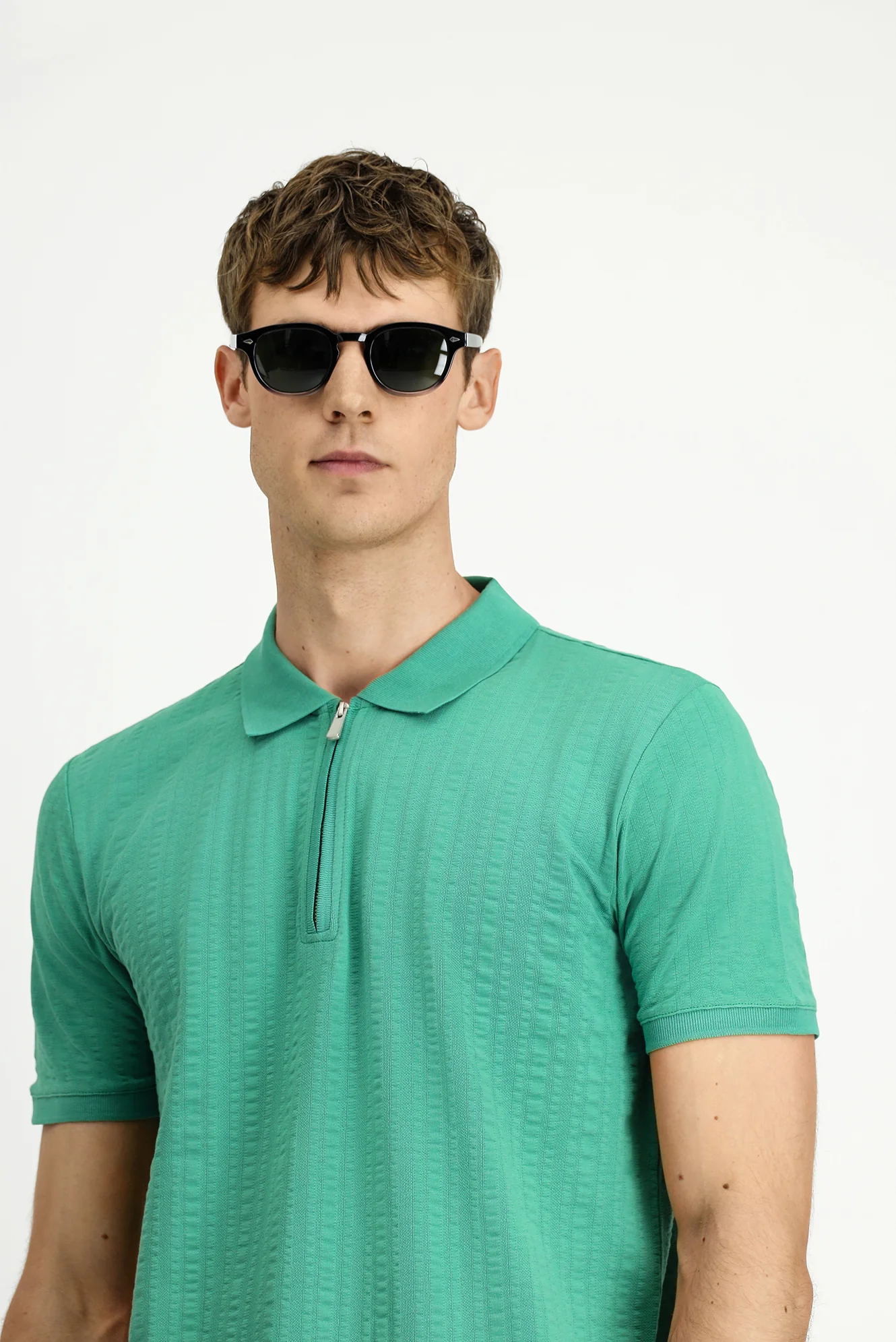 Koyu Yeşil Slim Fit Dar Kesim Pamuk Desenli Fermuarlı Polo Yaka Tişört - Image 3