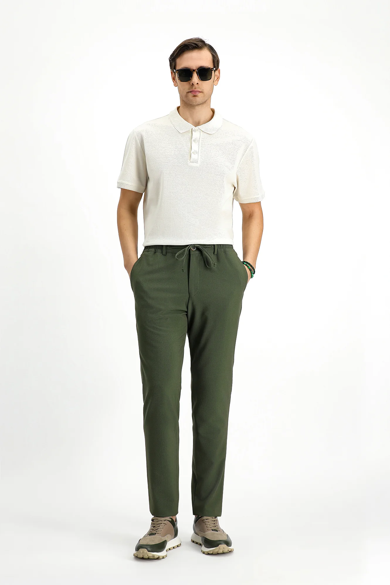 Koyu Yeşil 7 Drop Super Slim Fit Eksra Dar Kesim Beli Lastikli İpli Gofre Likralı Klasik Kumaş Pantolon - Image 2