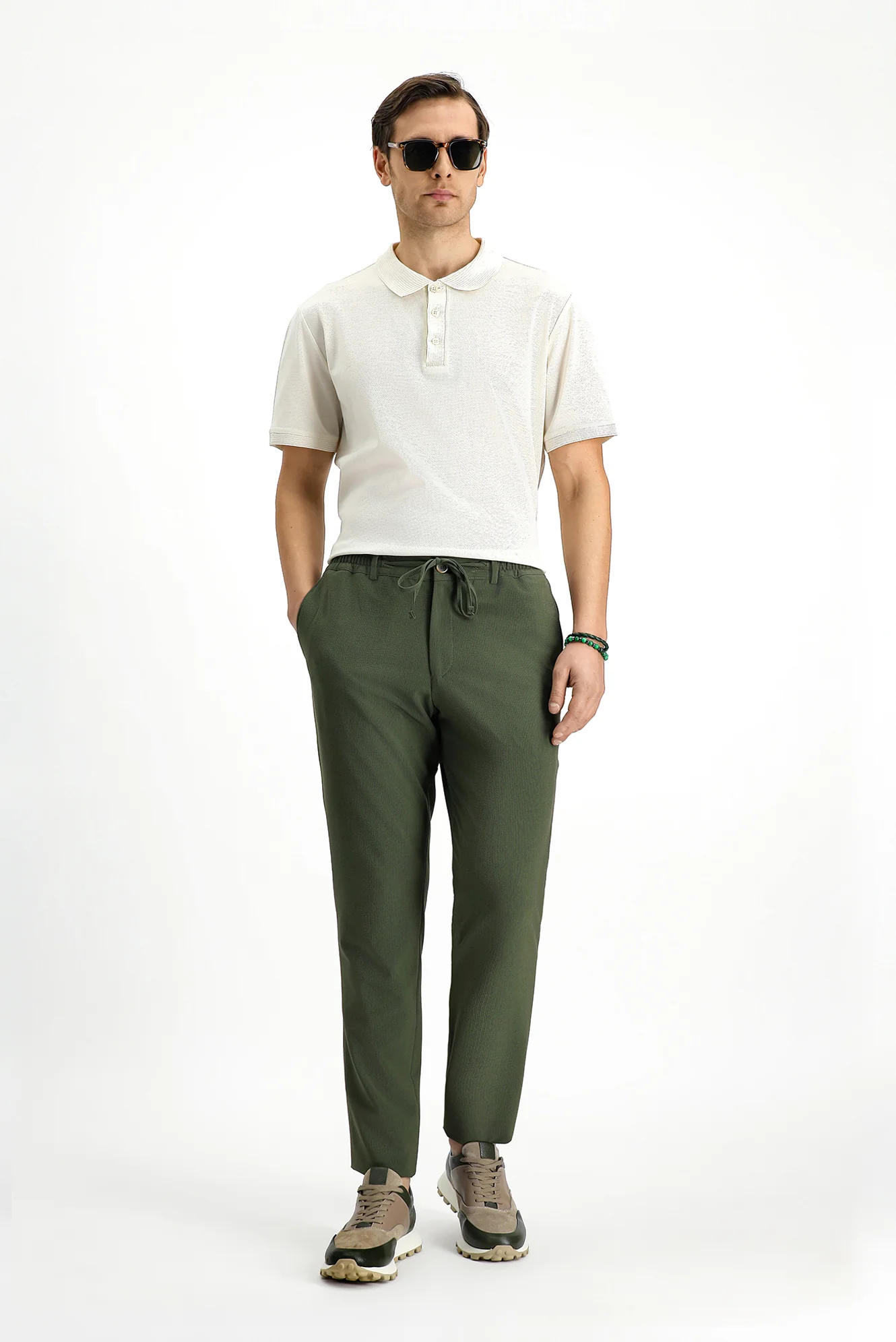Koyu Yeşil 7 Drop Super Slim Fit Eksra Dar Kesim Beli Lastikli İpli Gofre Likralı Klasik Kumaş Pantolon - Image 4