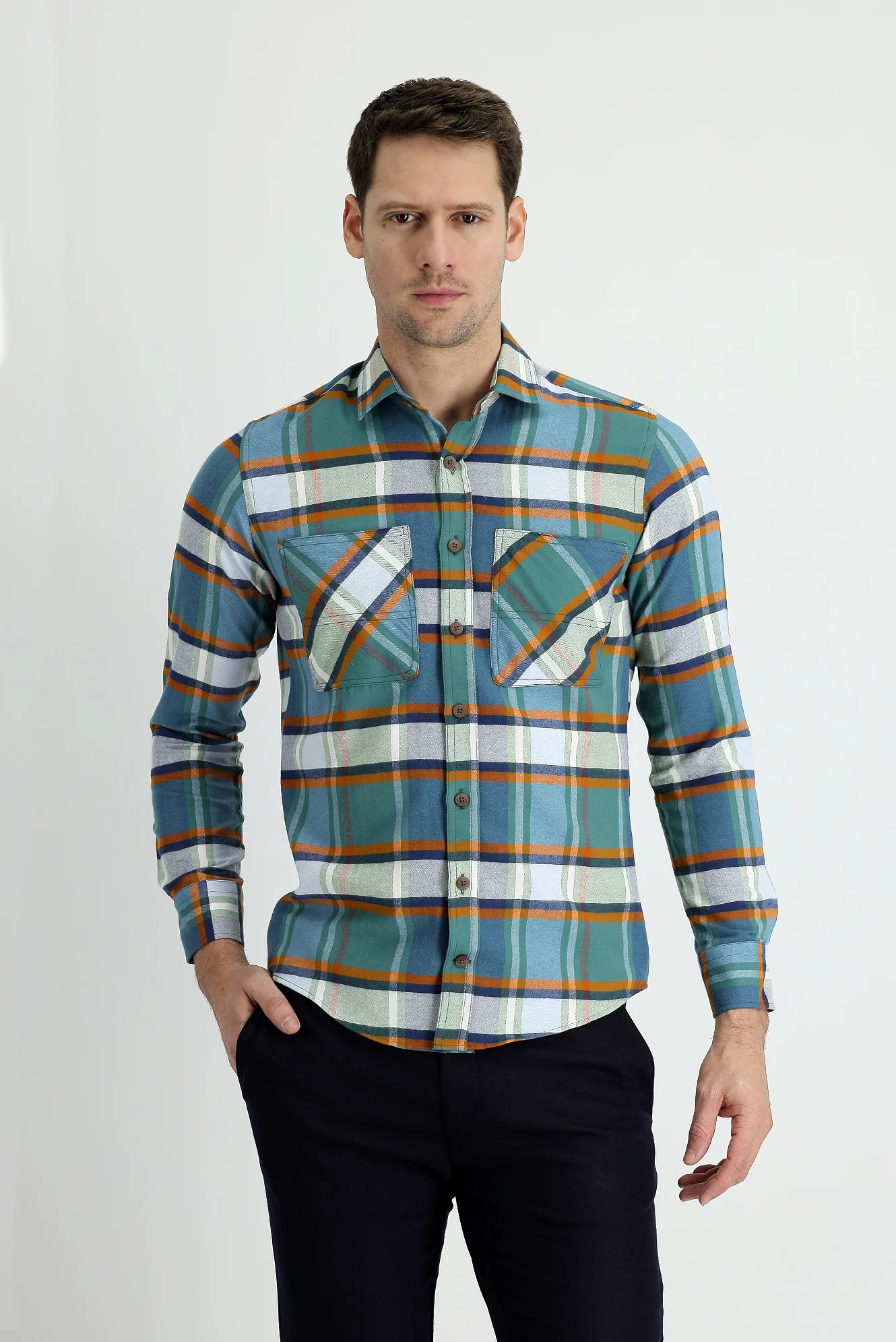 Koyu Yeşil Uzun Kol Slim Fit Dar Kesim Ekose Oduncu Pamuklu Gömlek