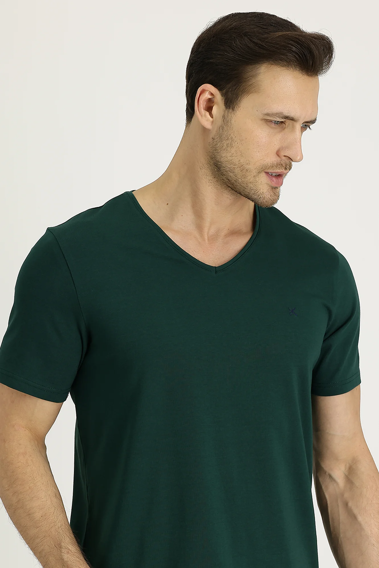 Koyu Yeşil V Yaka Düz Slim Fit Dar Kesim Tişört