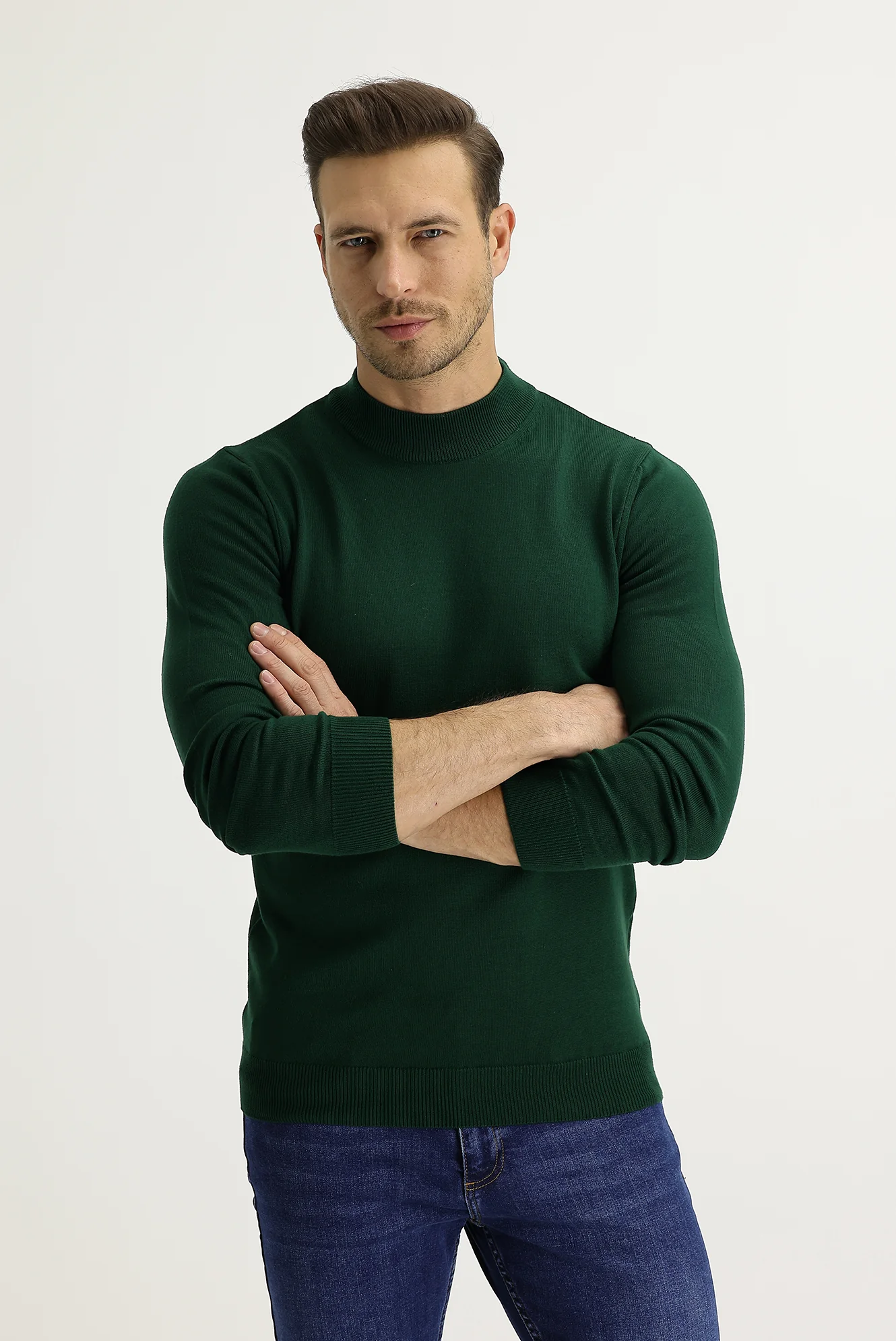 Koyu Yeşil Yarım Balıkçı Yaka Regular Fit Triko Kazak - Image 2