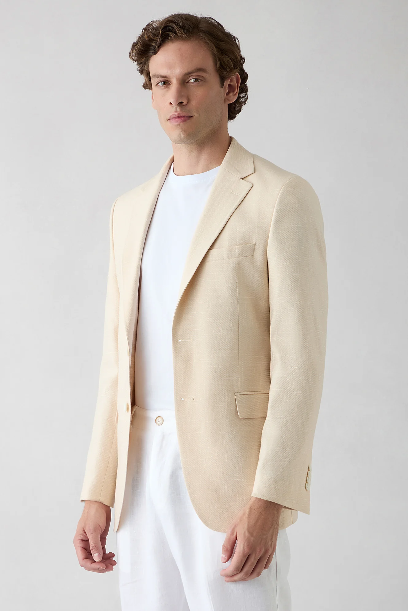 Krem 6 Drop Regular Fit Standart Kesim Mono Yaka Desenli Likralı Klasik Ceket - Image 2
