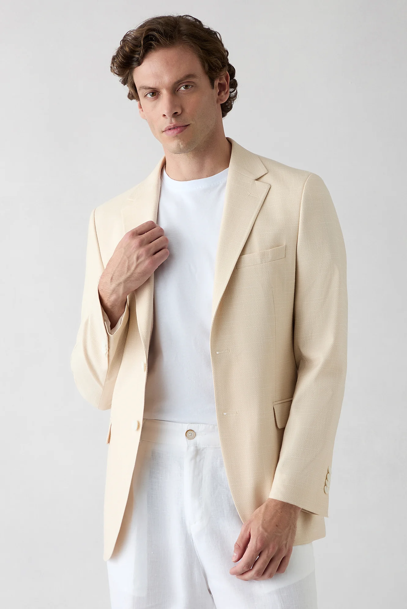 Krem 6 Drop Regular Fit Standart Kesim Mono Yaka Desenli Likralı Klasik Ceket - Image 3