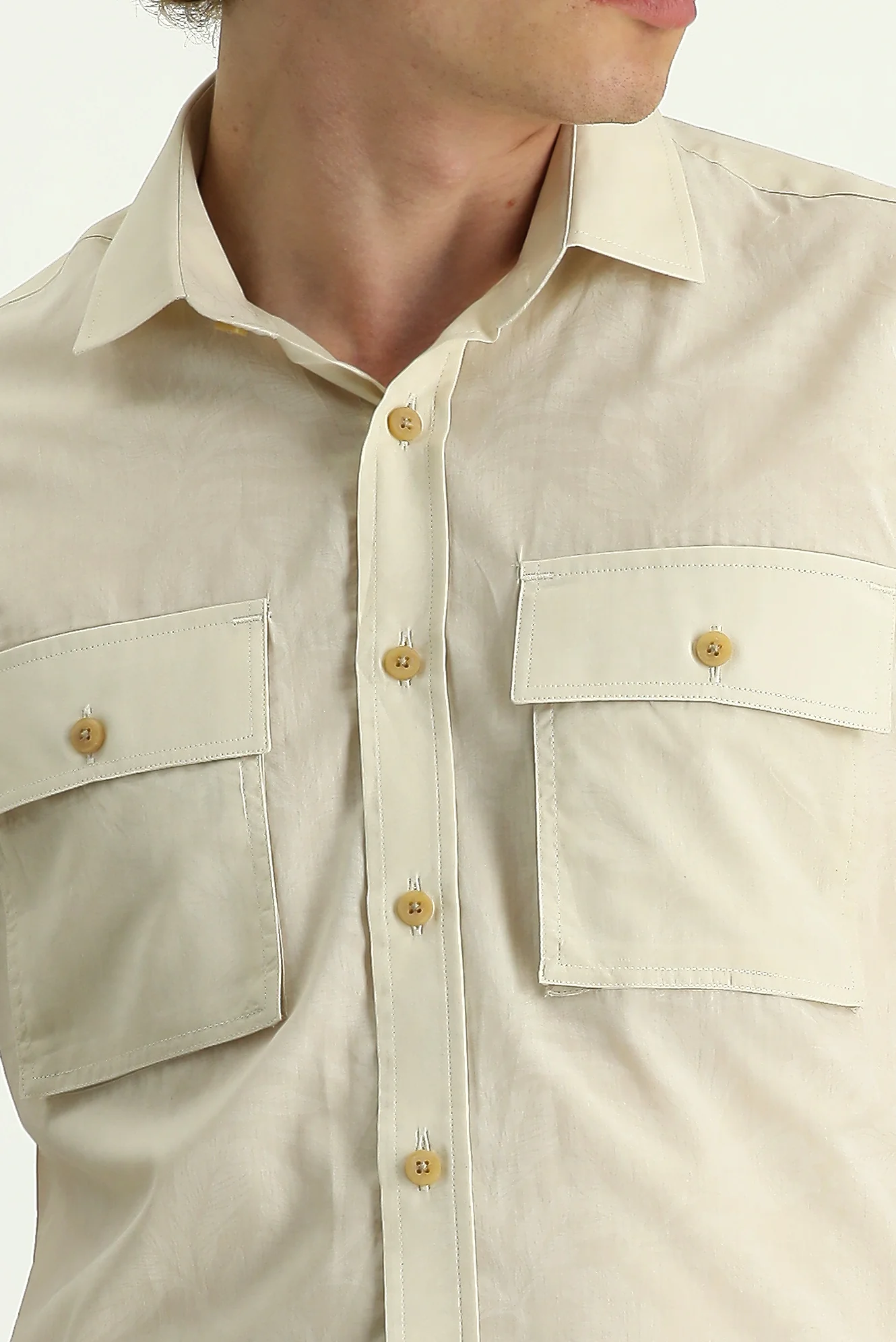 Krem Kısa Kol Slim Fit Dar Kesim Baskılı Pamuk Gömlek - Image 4