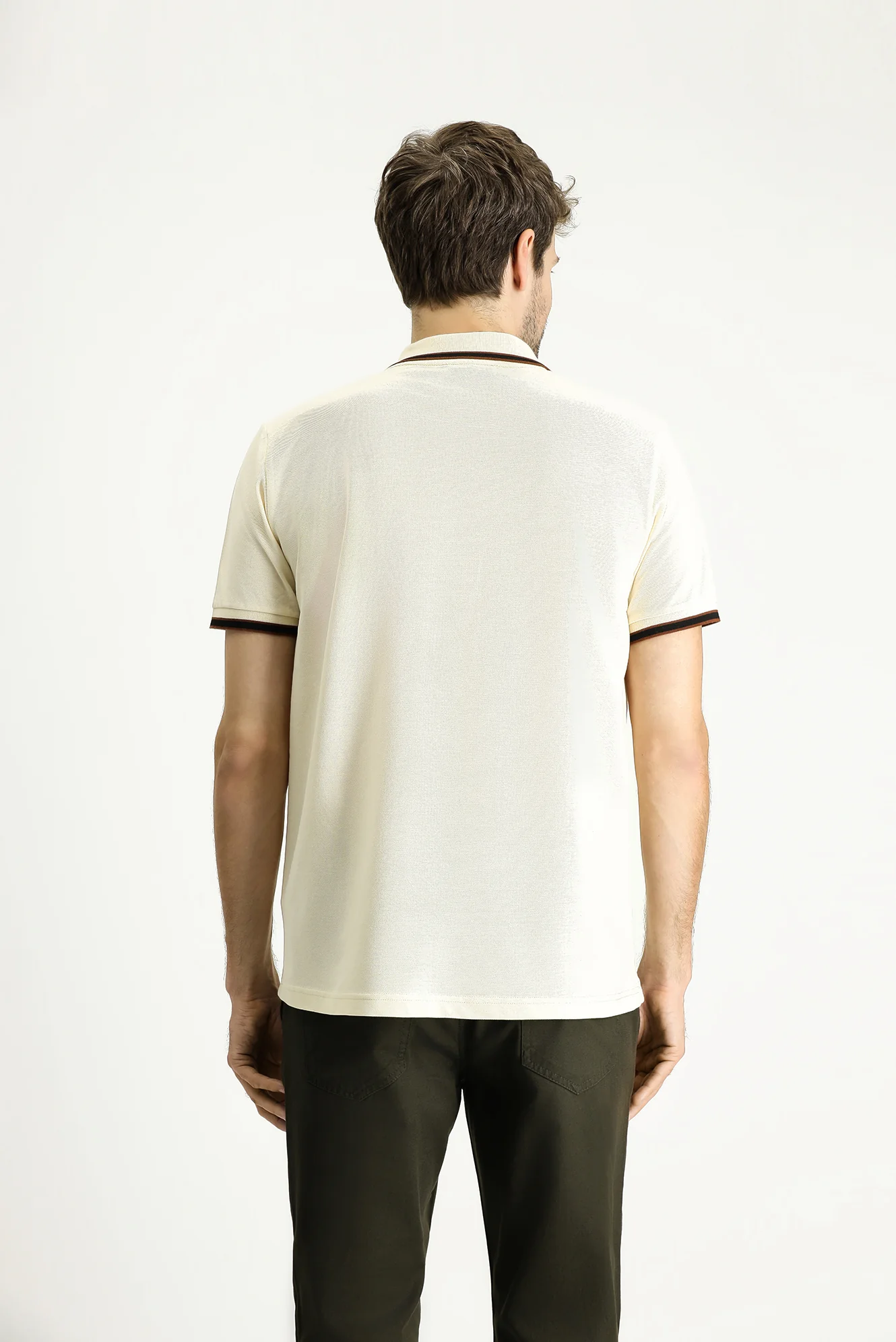 Krem Polo Yaka Regular Fit Fermuarlı Desenli Pamuk Tişört - Image 4