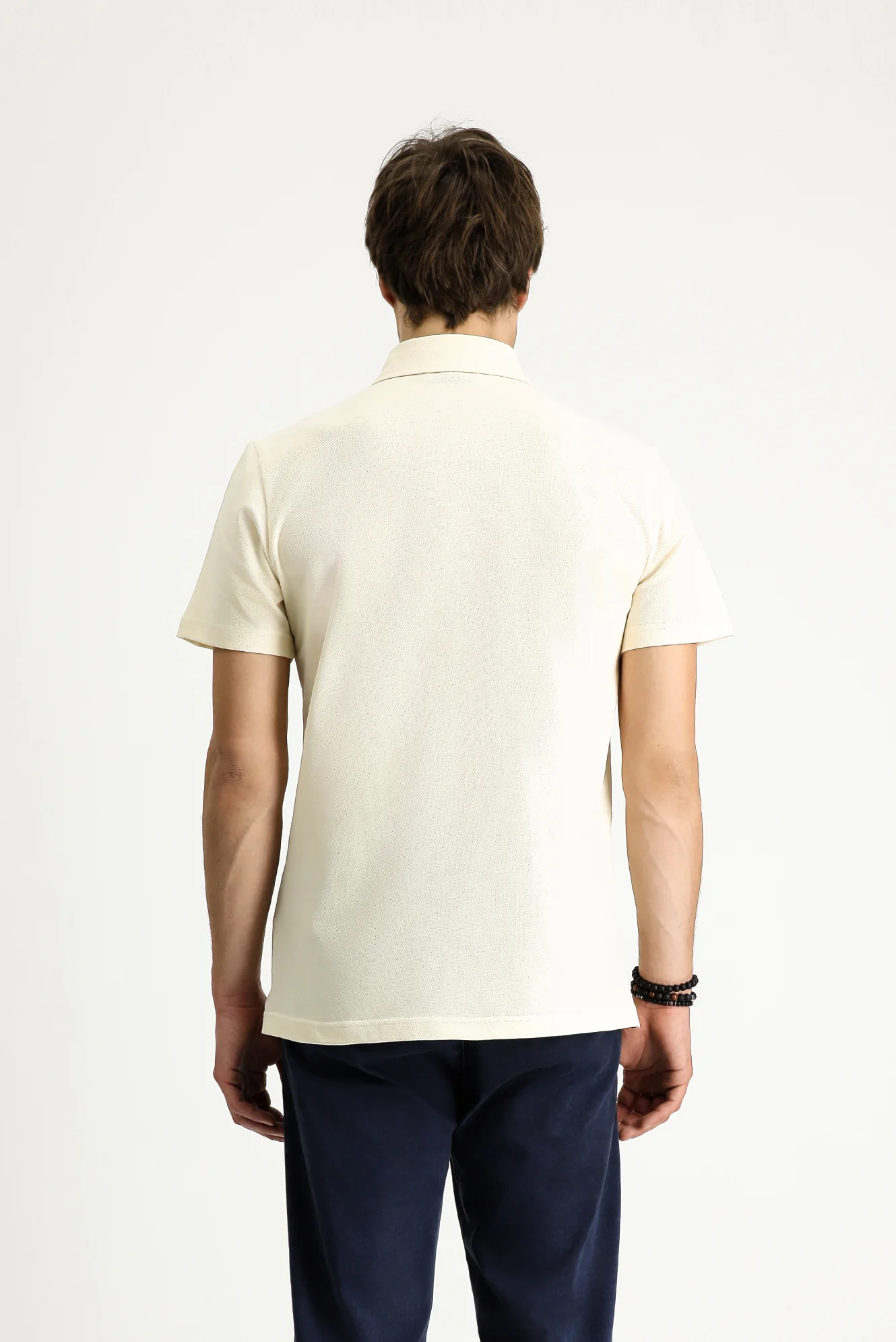 Krem Polo Yaka Slim Fit Dar Kesim Nakışlı Pamuk Tişört - Image 5