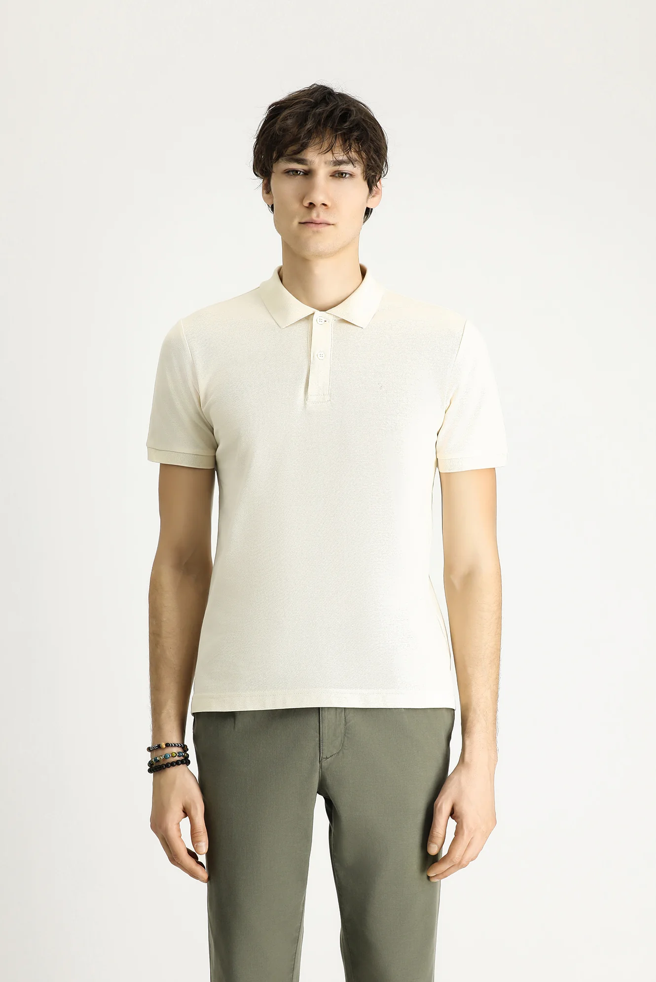 Krem Polo Yaka Slim Fit Dar Kesim Nakışlı Pamuk Tişört - Image 4