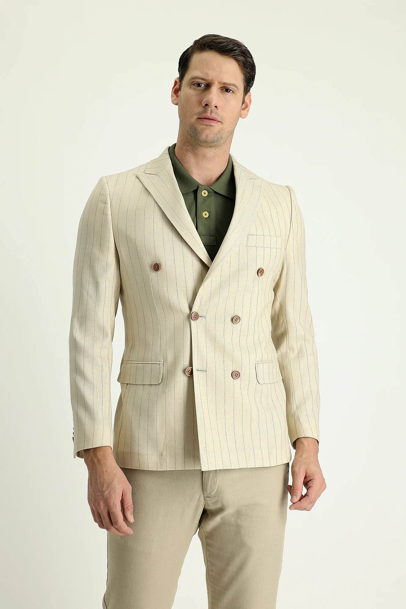 Krem 6 Drop Regular Fit Standart Kesim Kruvaze Çizgili Keten Karışımlı Ceket