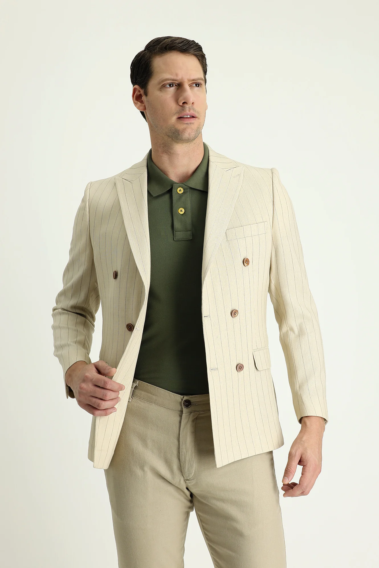 Krem 6 Drop Regular Fit Standart Kesim Kruvaze Çizgili Keten Karışımlı Ceket - Image 2