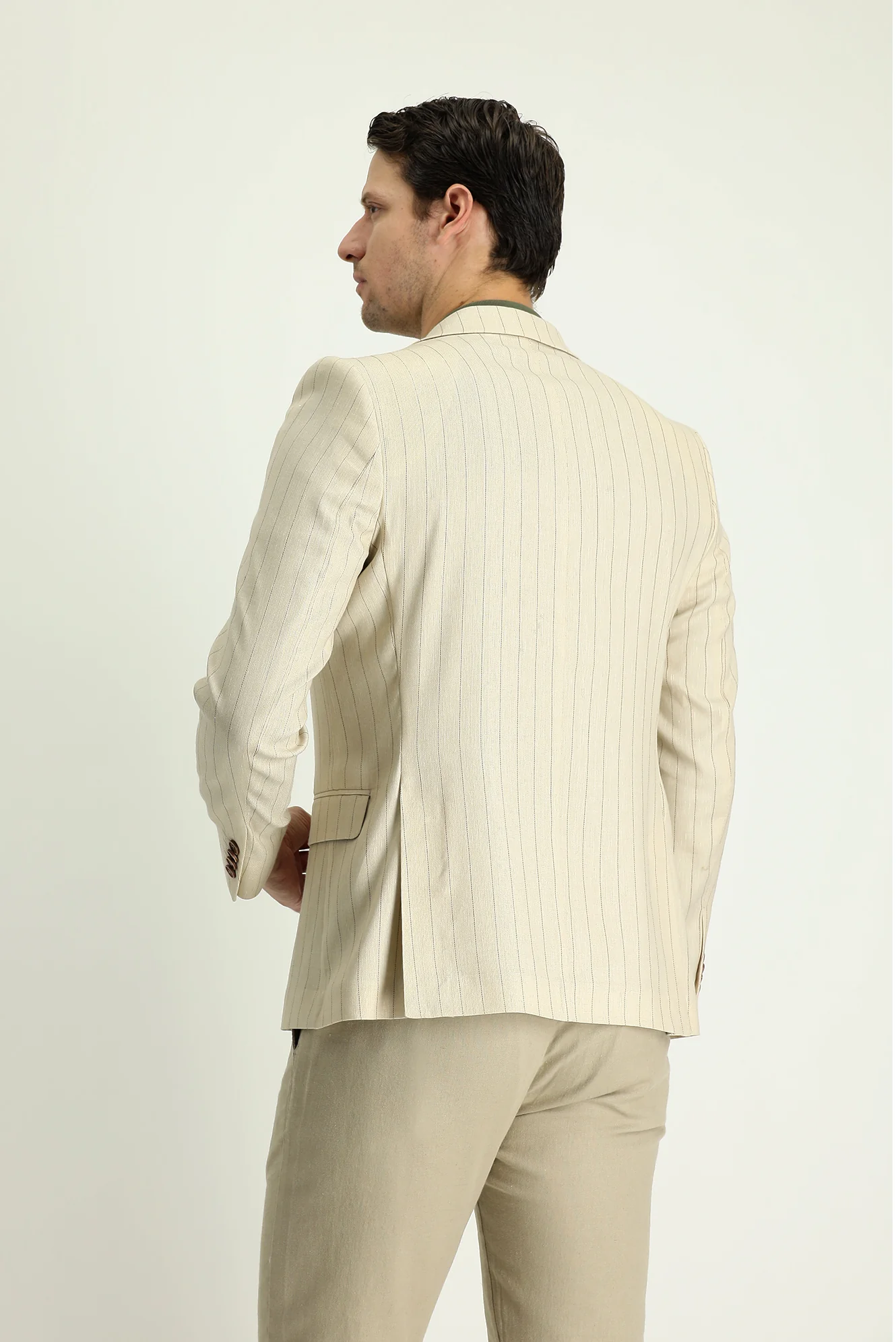 Krem 6 Drop Regular Fit Standart Kesim Kruvaze Çizgili Keten Karışımlı Ceket - Image 3