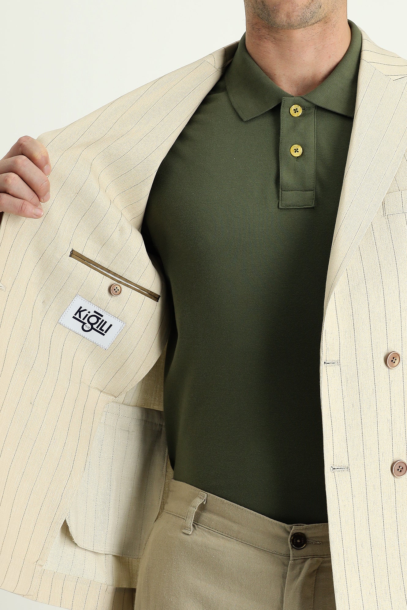 Krem 6 Drop Regular Fit Standart Kesim Kruvaze Çizgili Keten Karışımlı Ceket - Image 4
