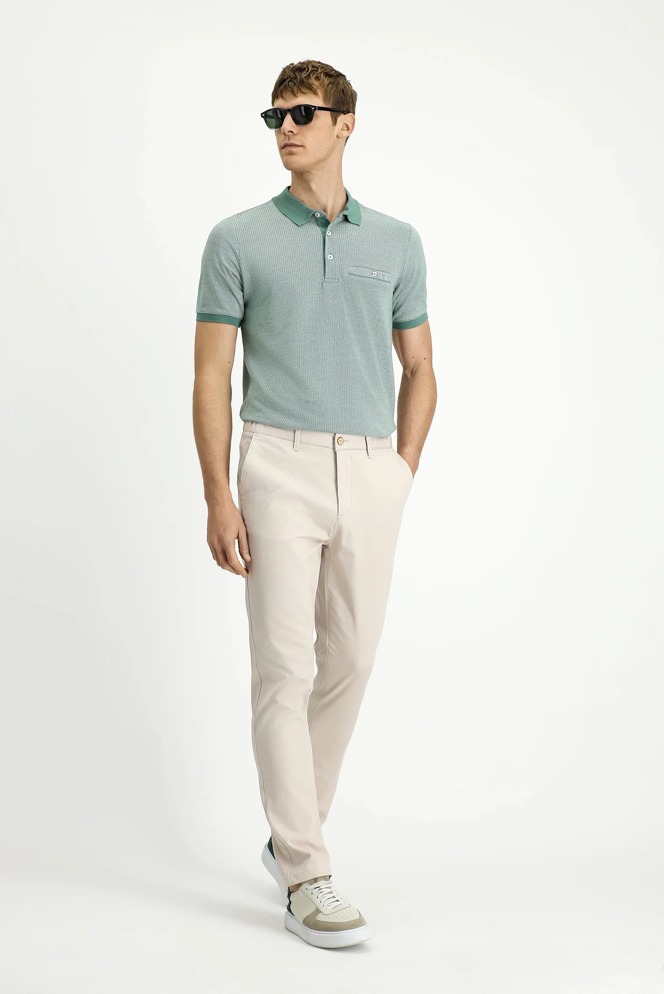 Krem Slim Fit Dar Kesim Beli Lastikli Likralı Kanvas / Chino Pantolon