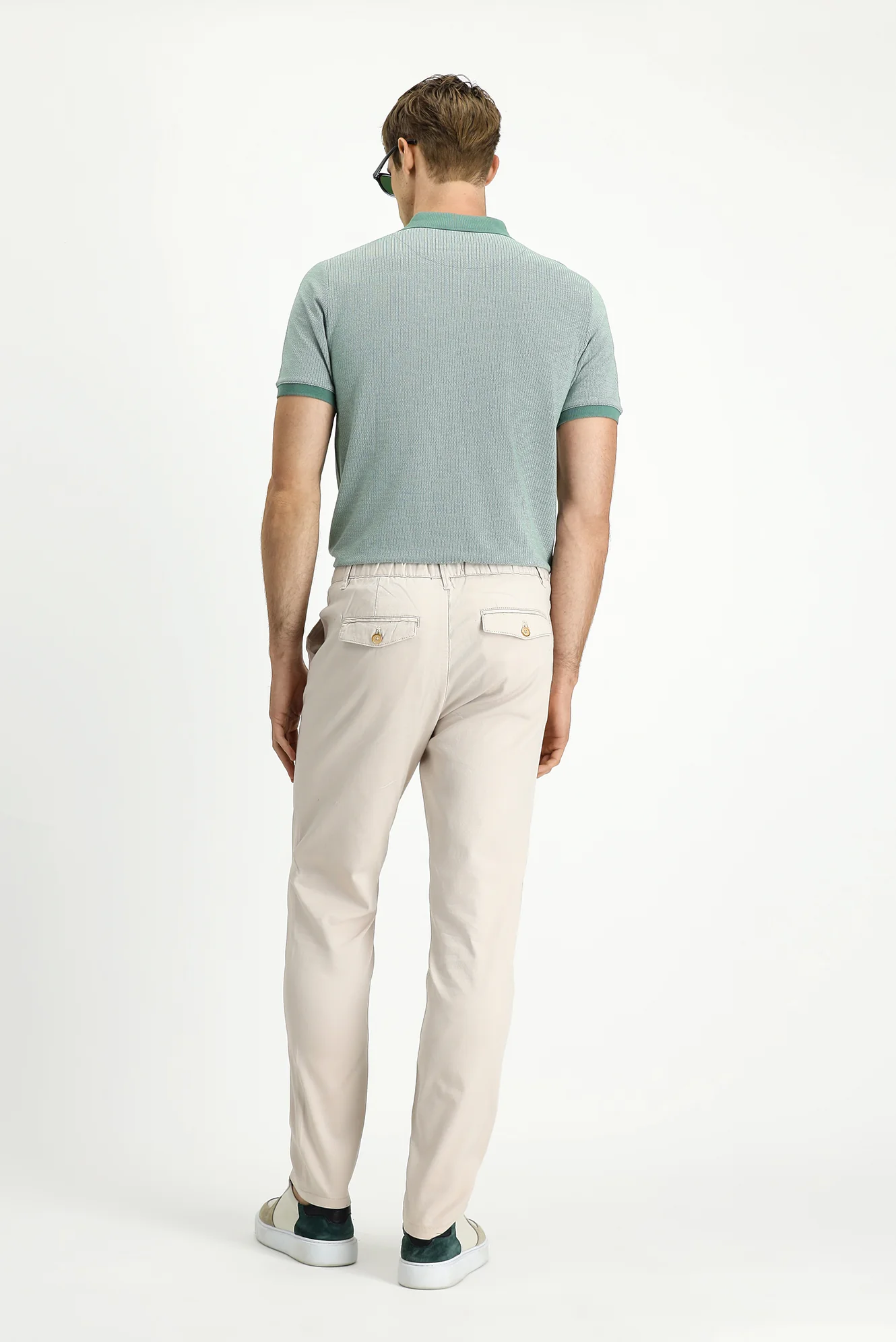 Krem Slim Fit Dar Kesim Beli Lastikli Likralı Kanvas / Chino Pantolon - Image 4