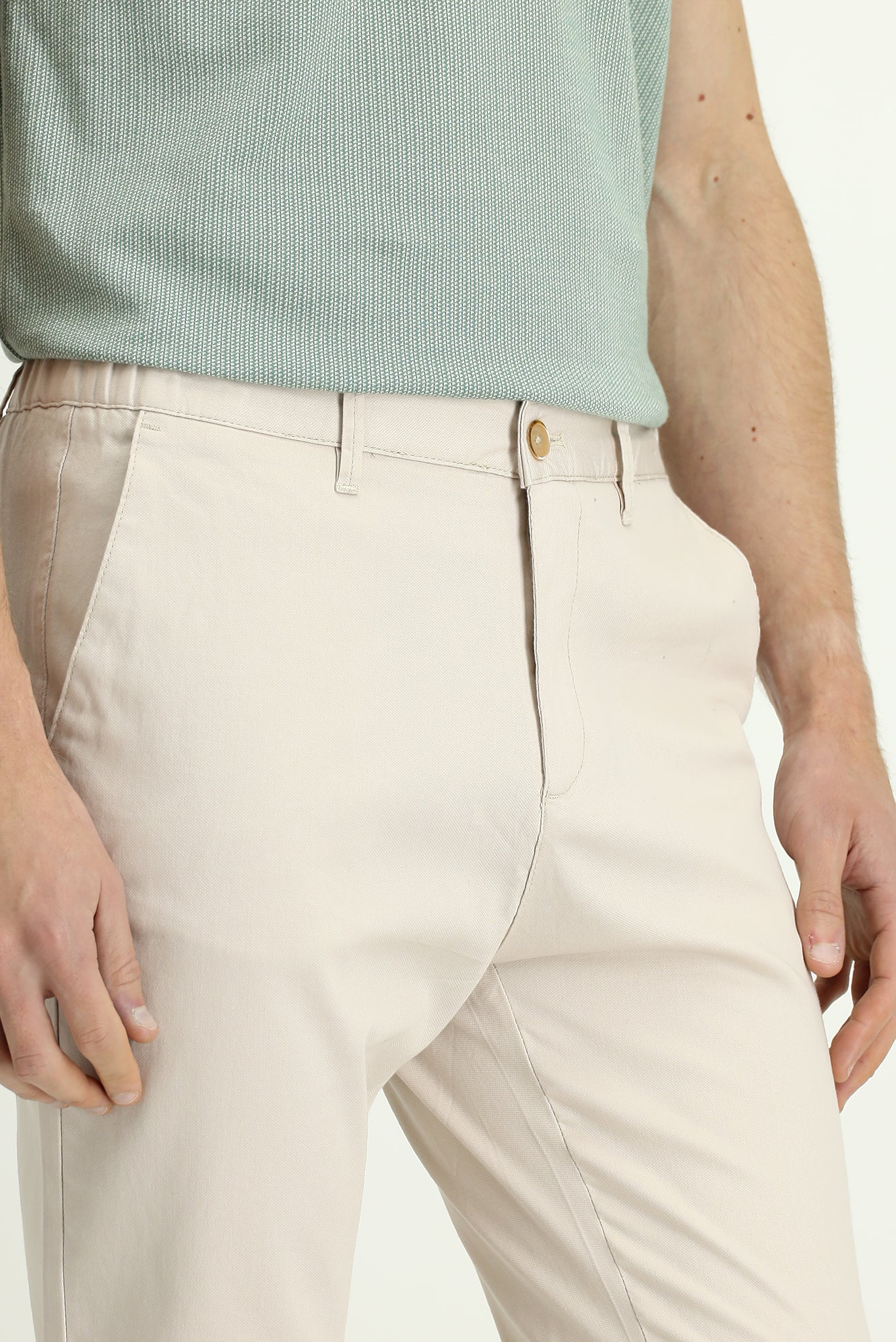 Krem Slim Fit Dar Kesim Beli Lastikli Likralı Kanvas / Chino Pantolon - Image 5