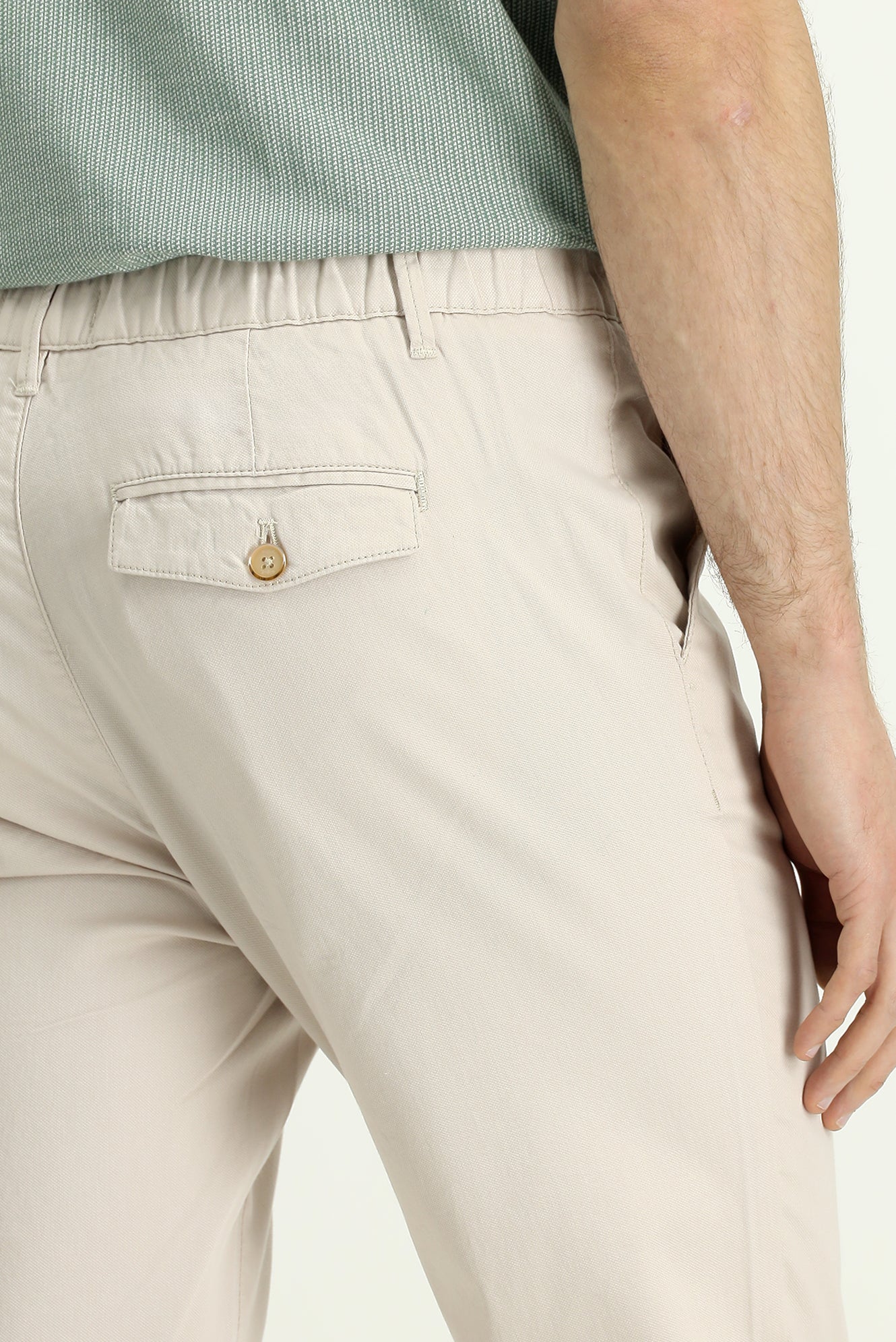 Krem Slim Fit Dar Kesim Beli Lastikli Likralı Kanvas / Chino Pantolon - Image 6