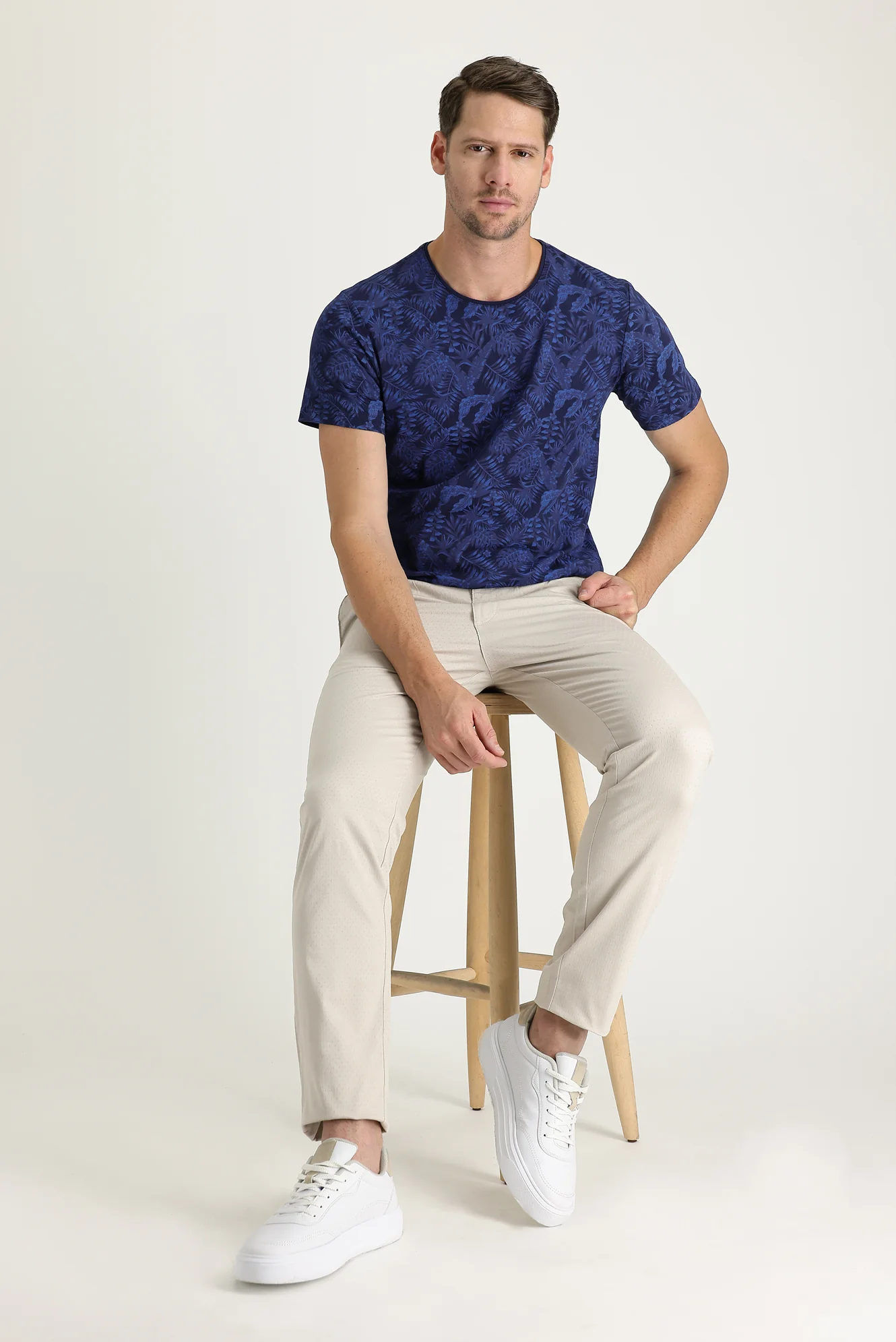 Krem Slim Fit Dar Kesim Desenli Likralı Kanvas / Chino Pantolon