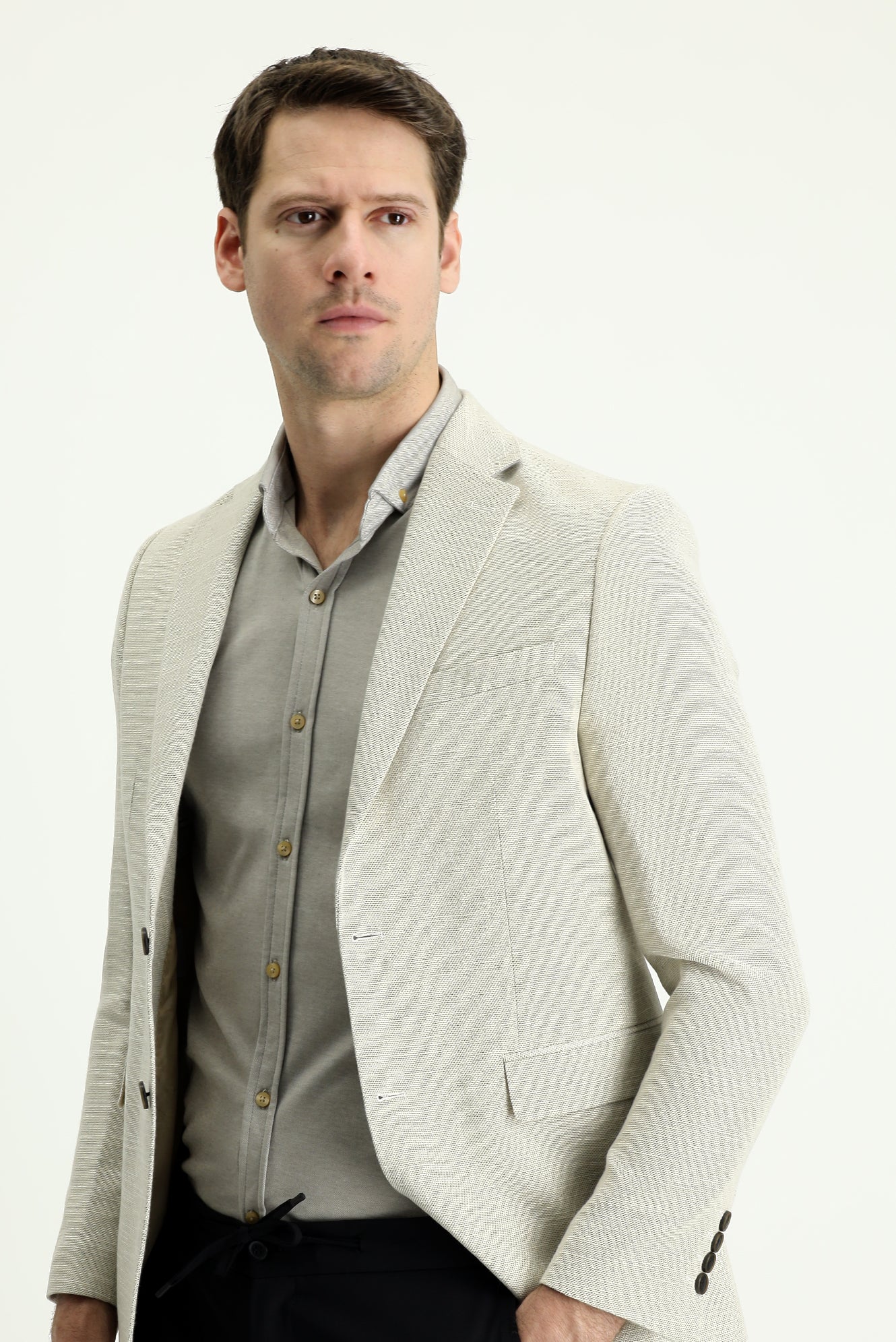 Krem 7 Drop Slim Fit Dar Kesim Desenli Pamuklu Keten Spor Ceket - Image 2