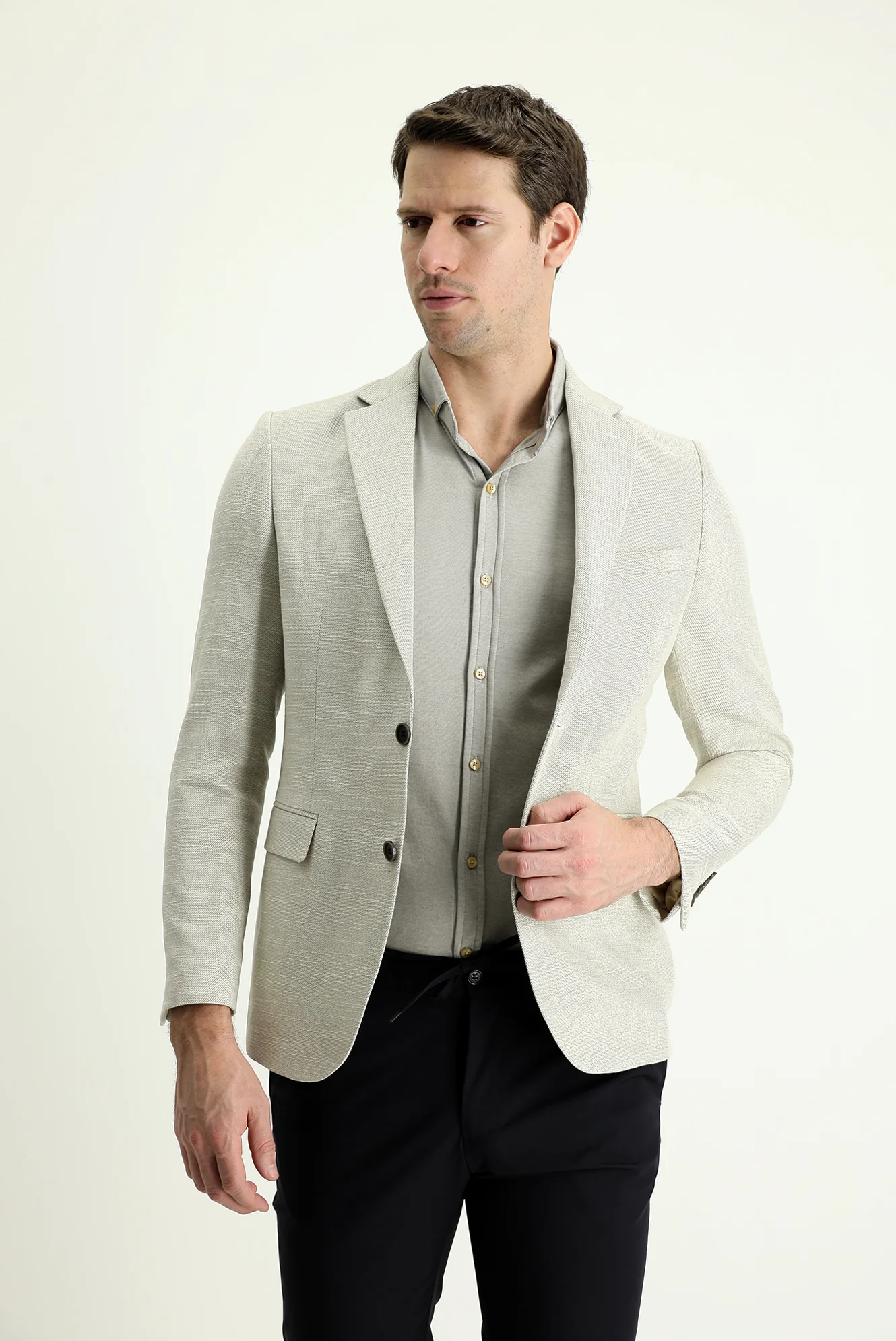 Krem 7 Drop Slim Fit Dar Kesim Desenli Pamuklu Keten Spor Ceket - Image 3